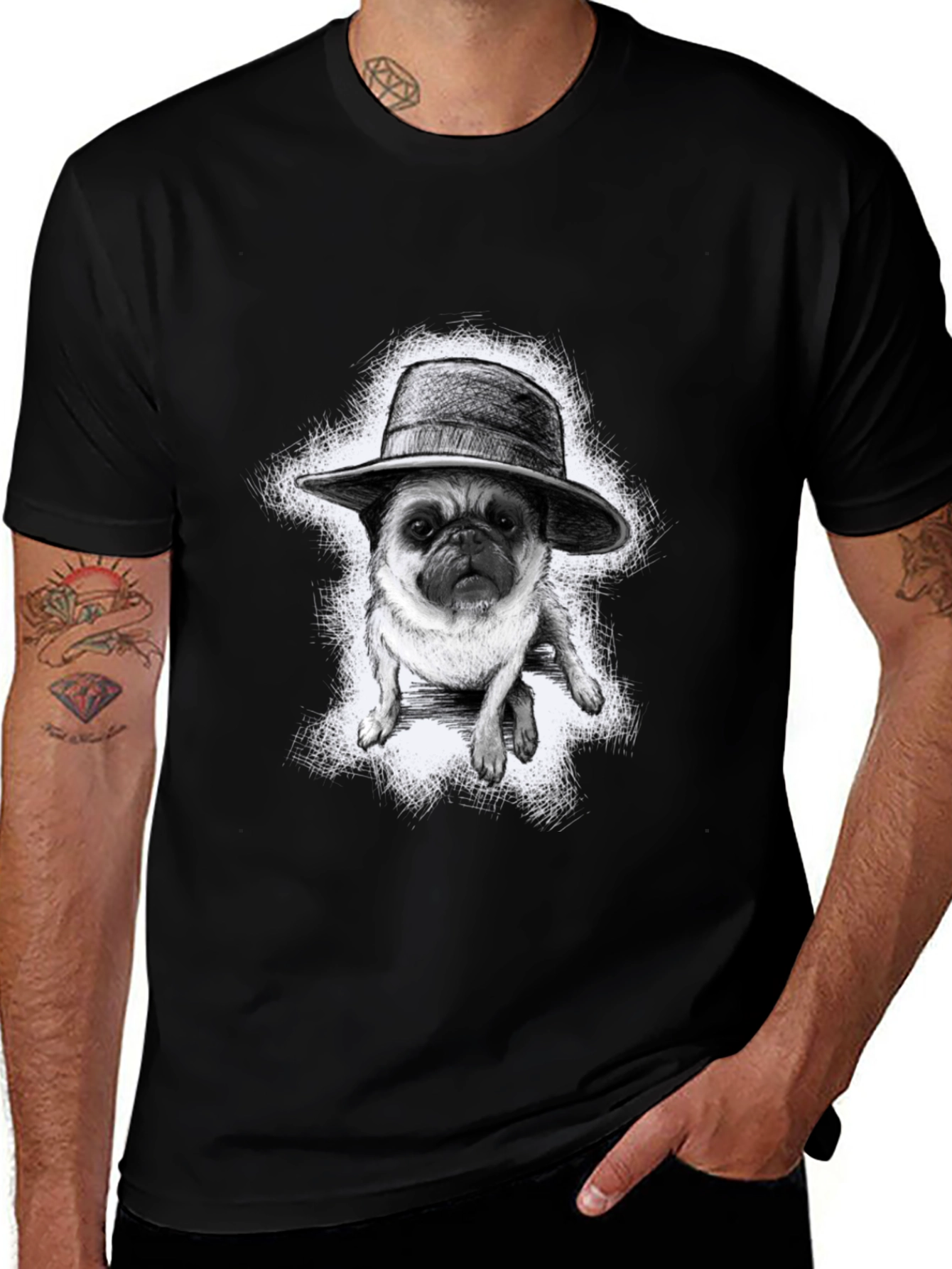 Pug in a Hat Graphic Tee - Trendy Black T-Shirt