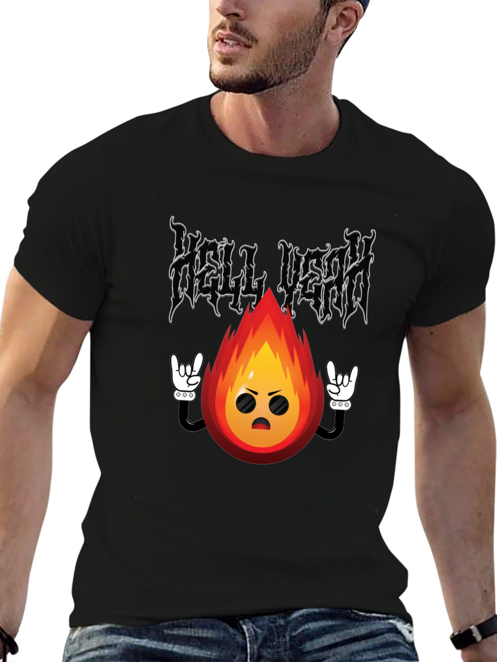Hell Yeah Cartoon Flame Black T-Shirt