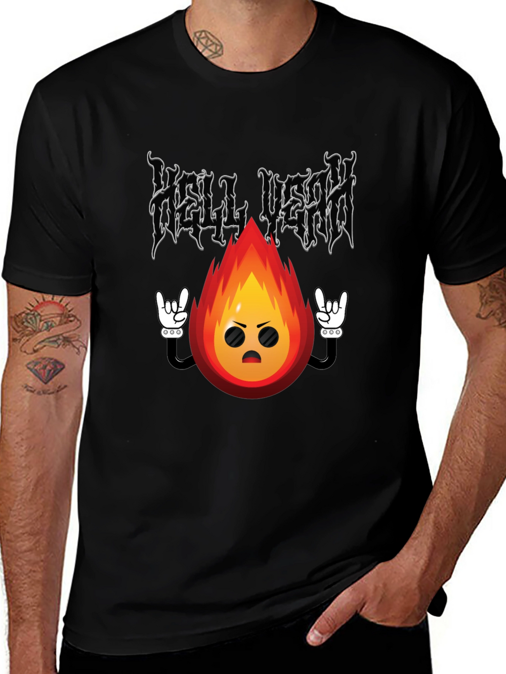 Hell Yeah Cartoon Flame Black T-Shirt