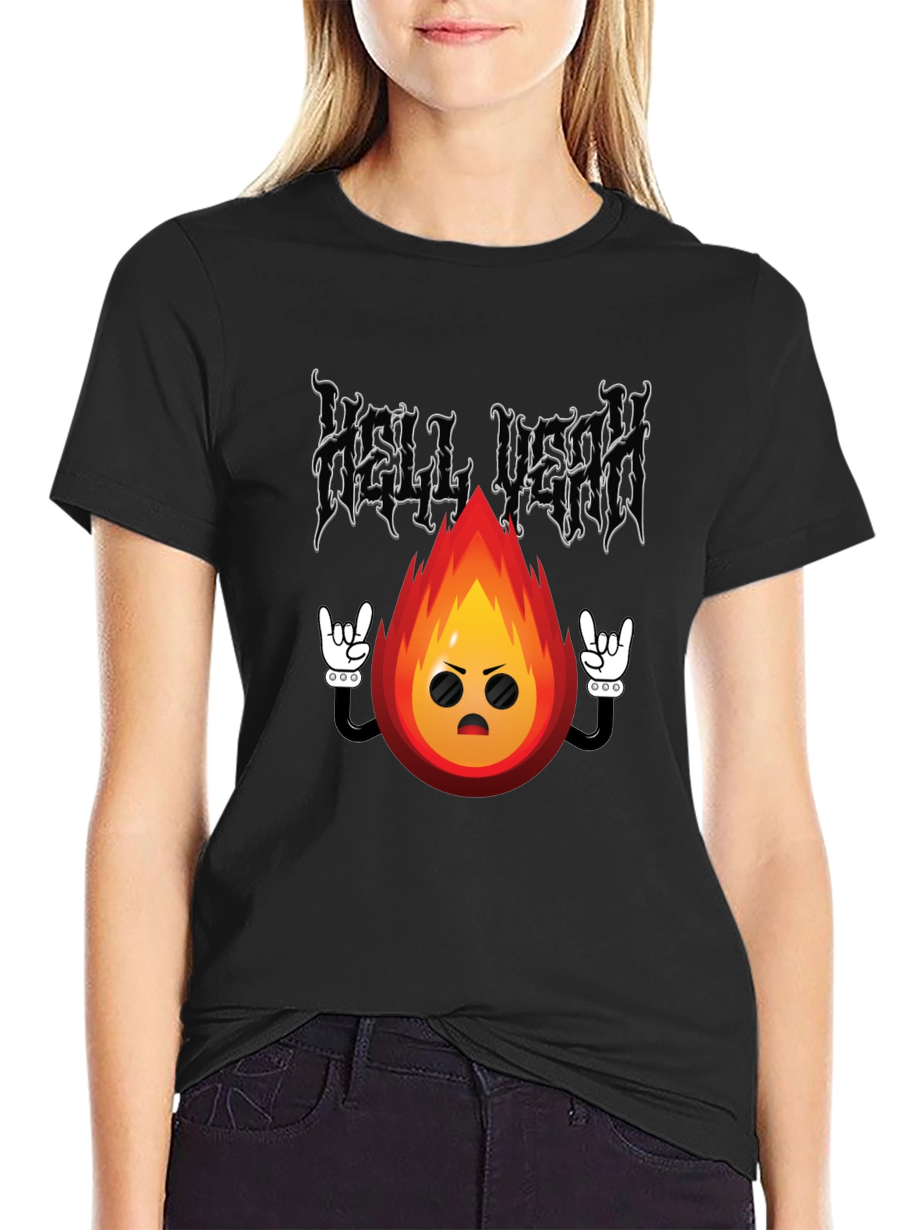 Hell Yeah Cartoon Flame Black T-Shirt