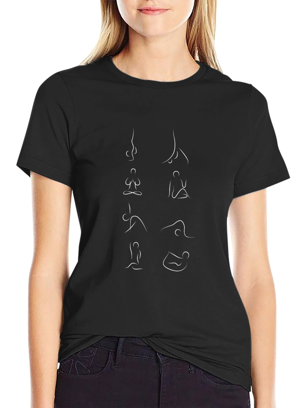 Yoga Pose Line Art Black T-Shirt