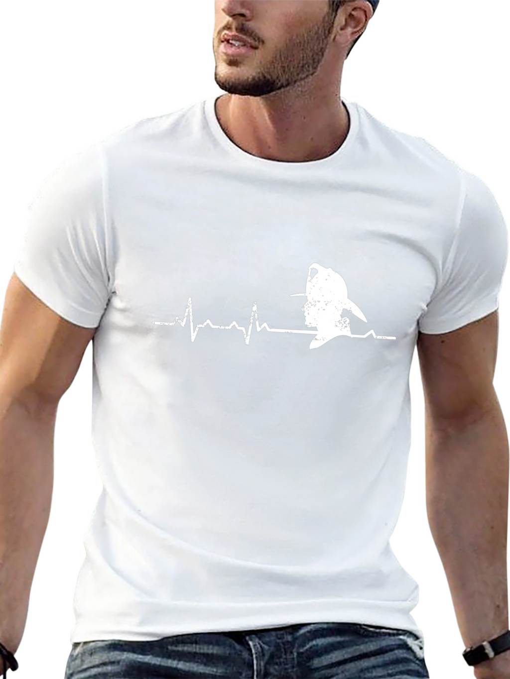 Firefighter Heartbeat Graphic Tee - Black Cotton Casual T-Shirt
