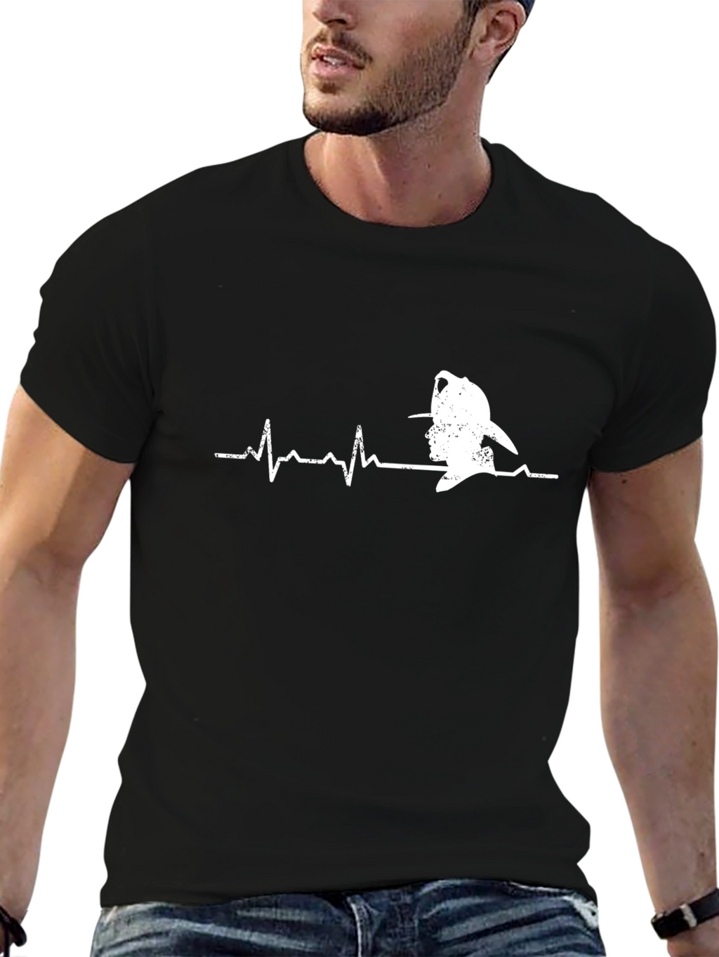 Firefighter Heartbeat Graphic Tee - Black Cotton Casual T-Shirt