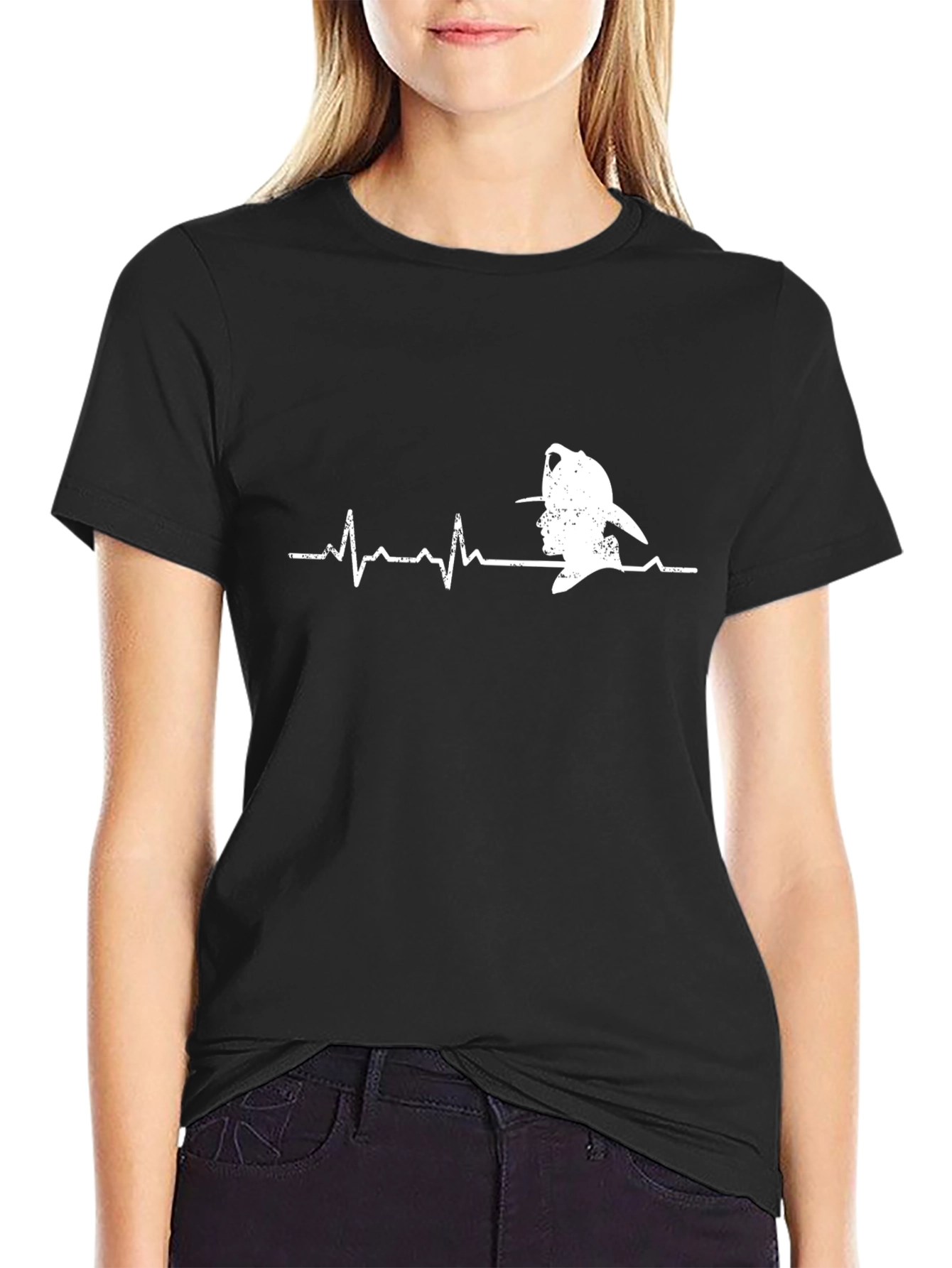 Firefighter Heartbeat Graphic Tee - Black Cotton Casual T-Shirt