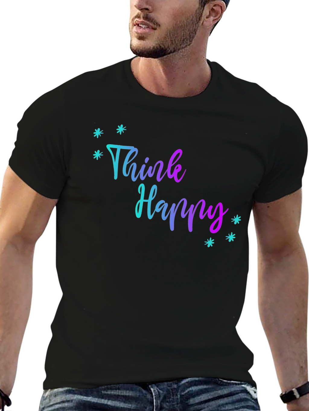 Think Happy Graphic Print Black Tee