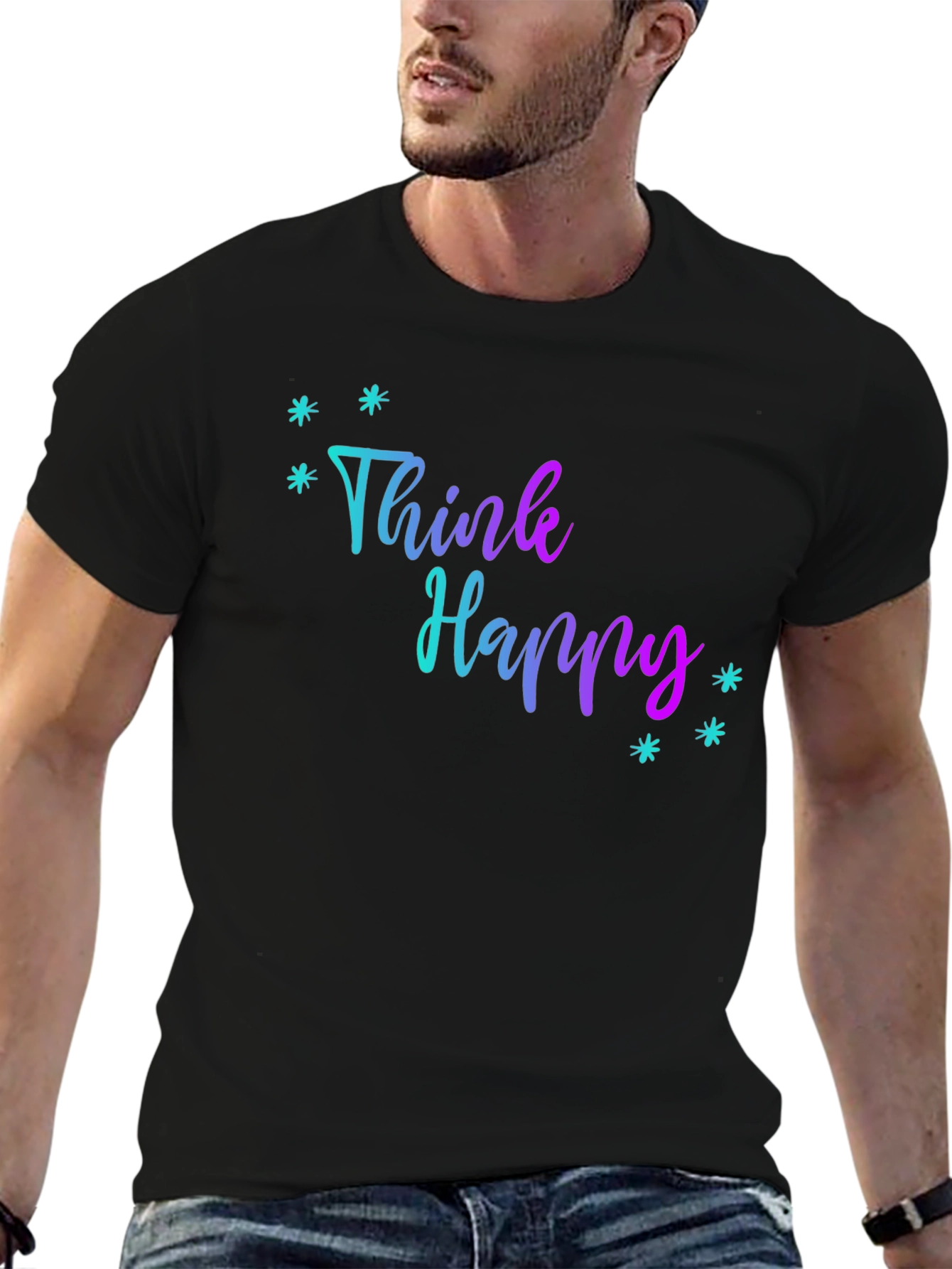 Think Happy Graphic Print Black Tee