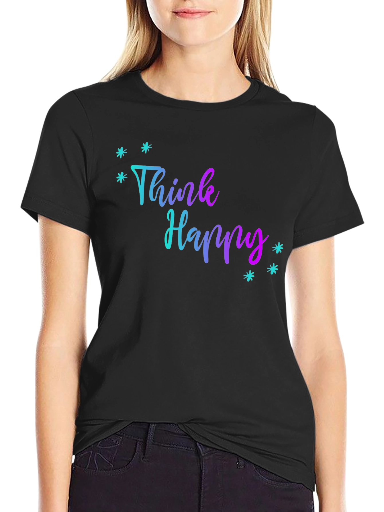 Think Happy Graphic Print Black Tee