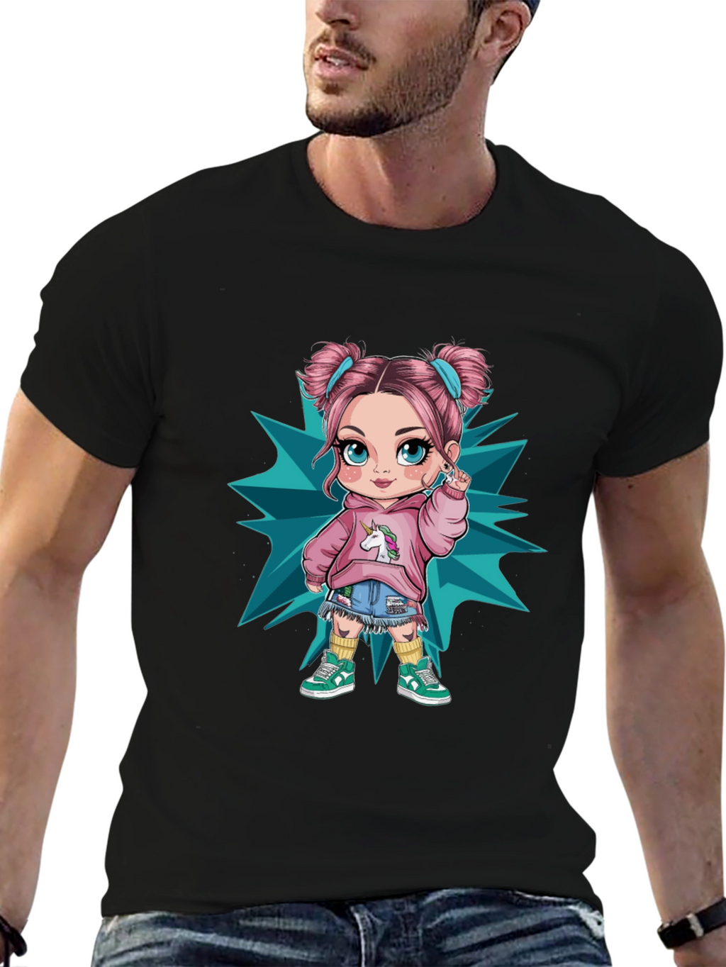 Cartoon Girl Graphic Black T-Shirt