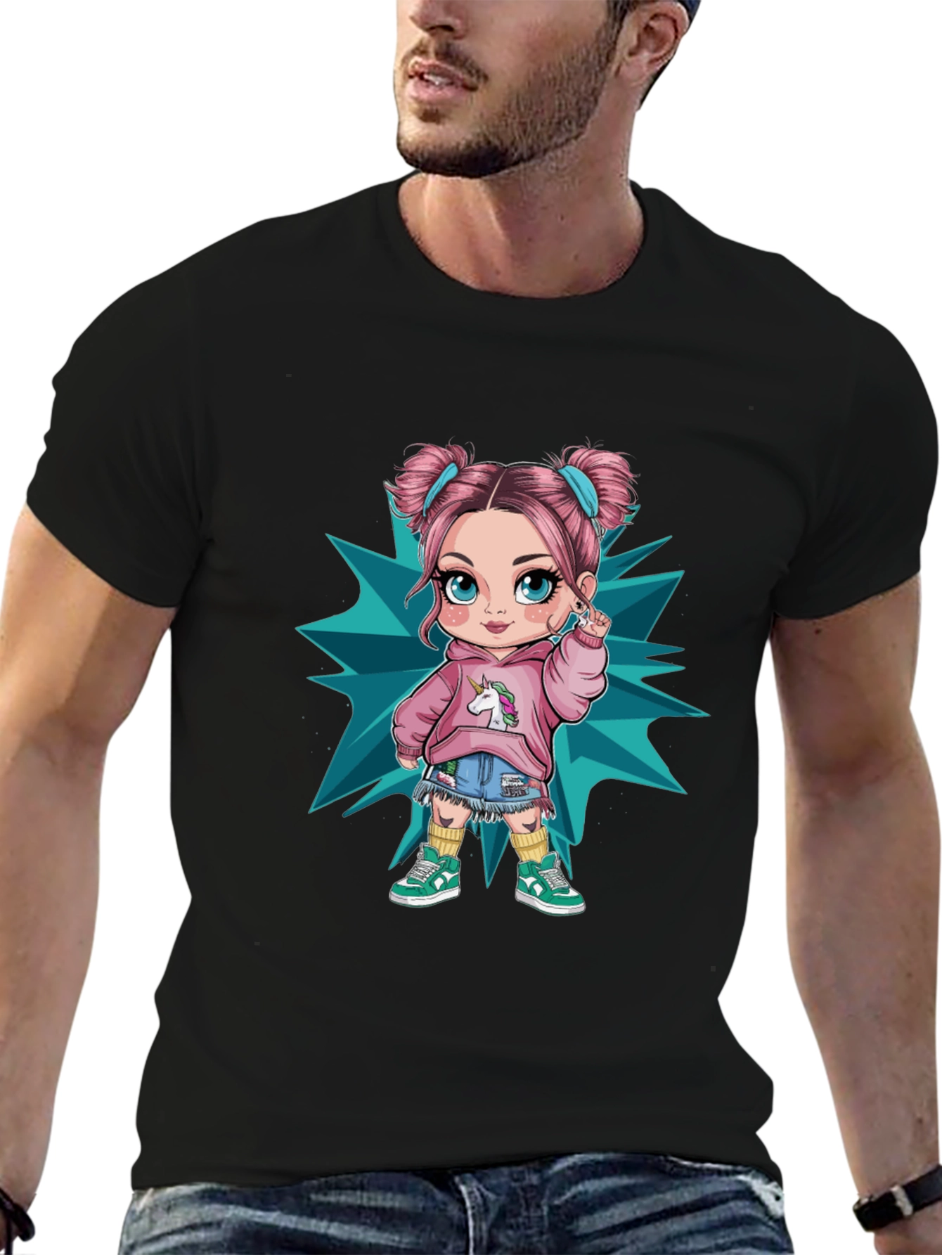 Cartoon Girl Graphic Black T-Shirt