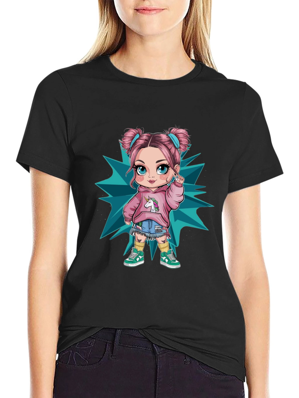 Cartoon Girl Graphic Black T-Shirt