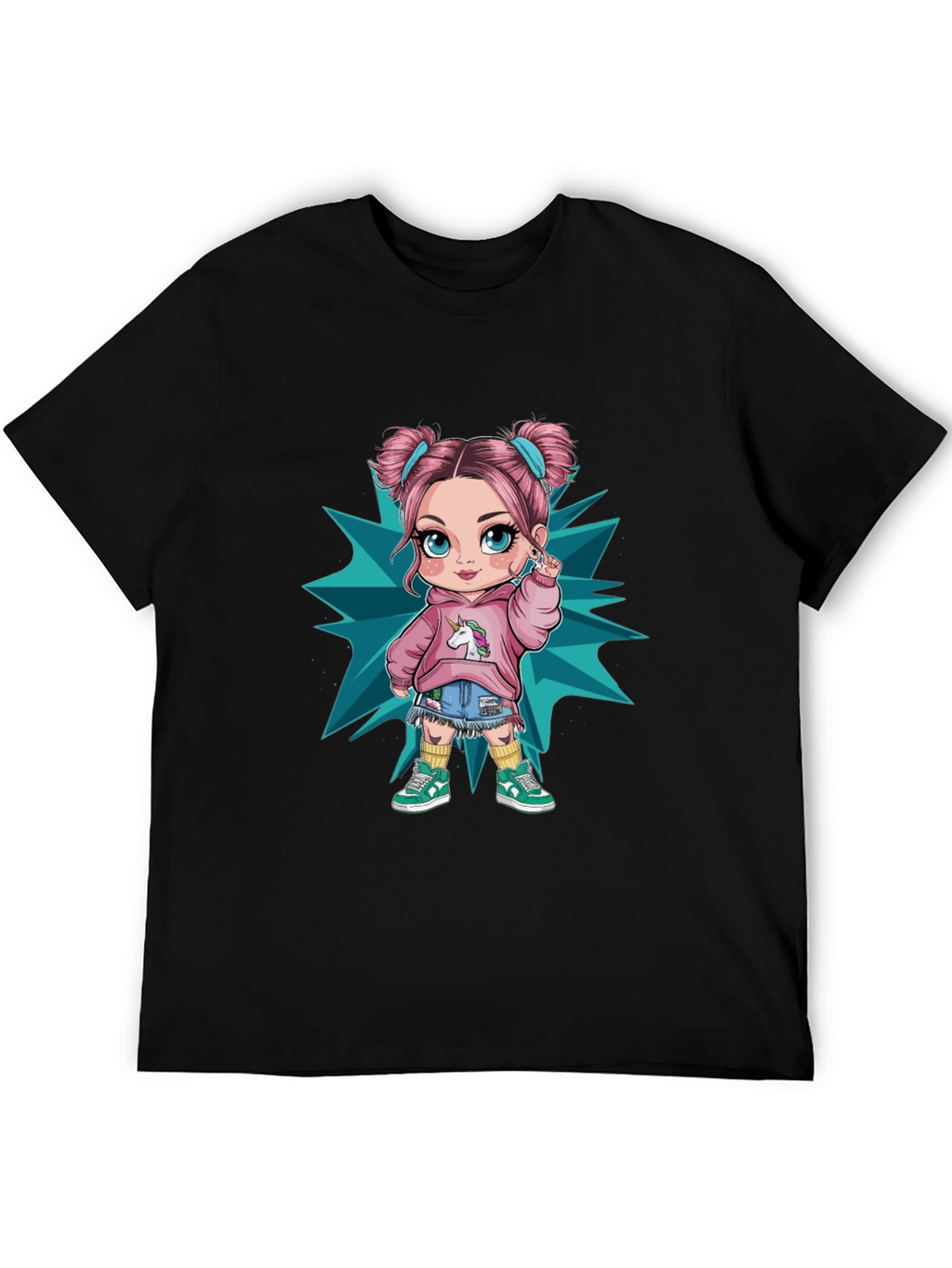 Cartoon Girl Graphic Black T-Shirt