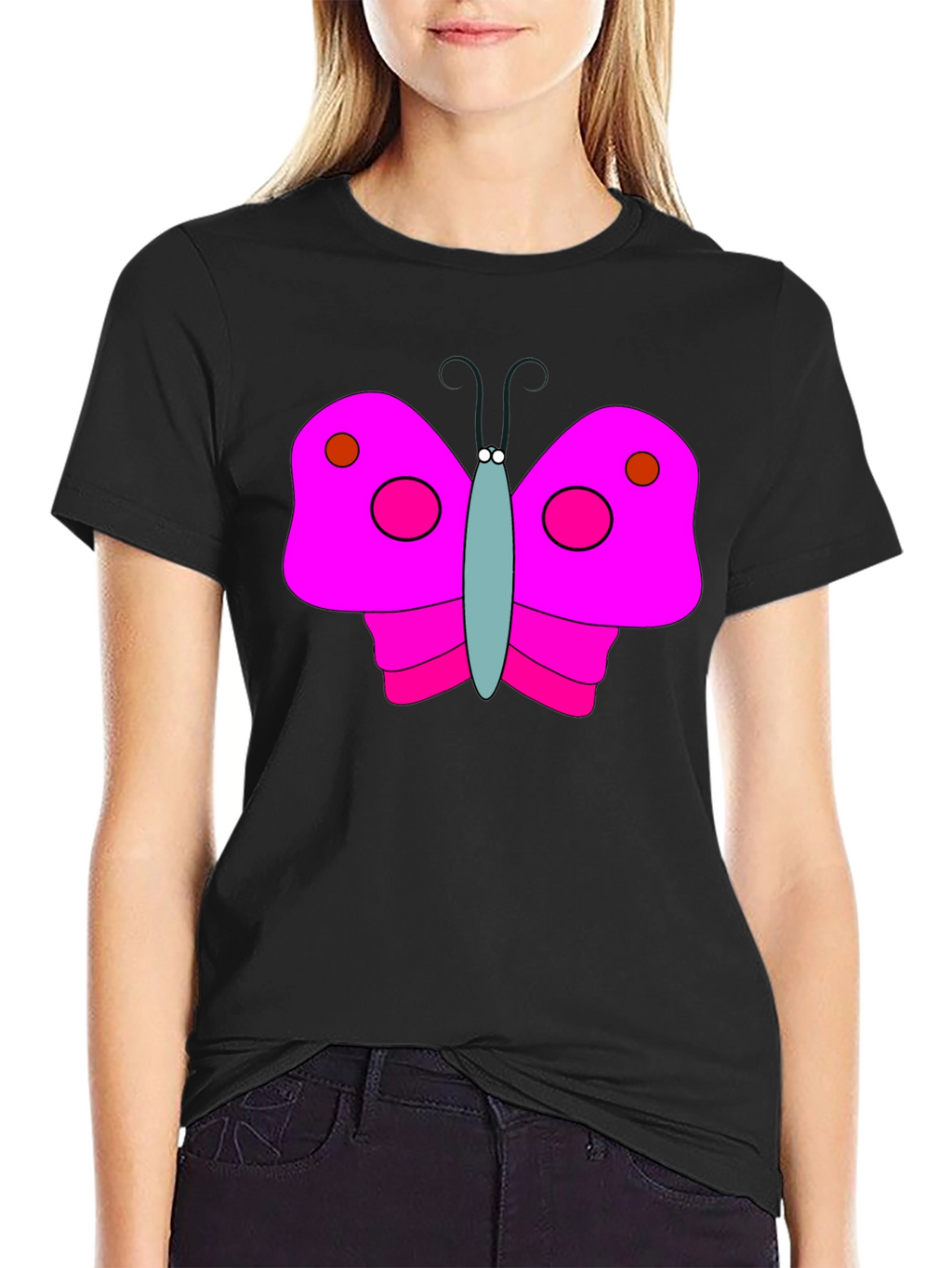 Pink Butterfly Graphic Black T-Shirt