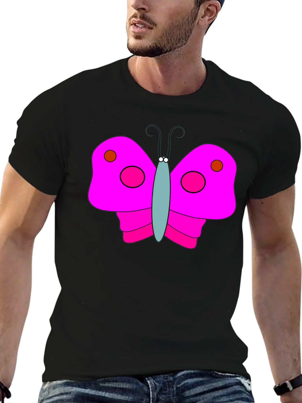 Pink Butterfly Graphic Black T-Shirt
