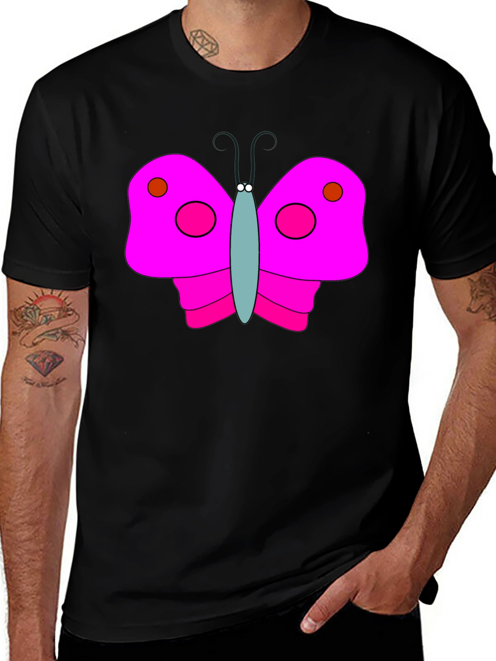 Pink Butterfly Graphic Black T-Shirt