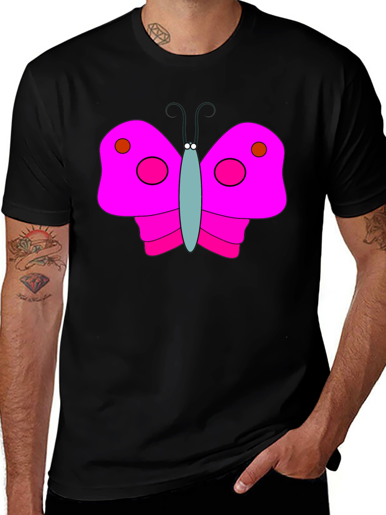 Pink Butterfly Graphic Black T-Shirt