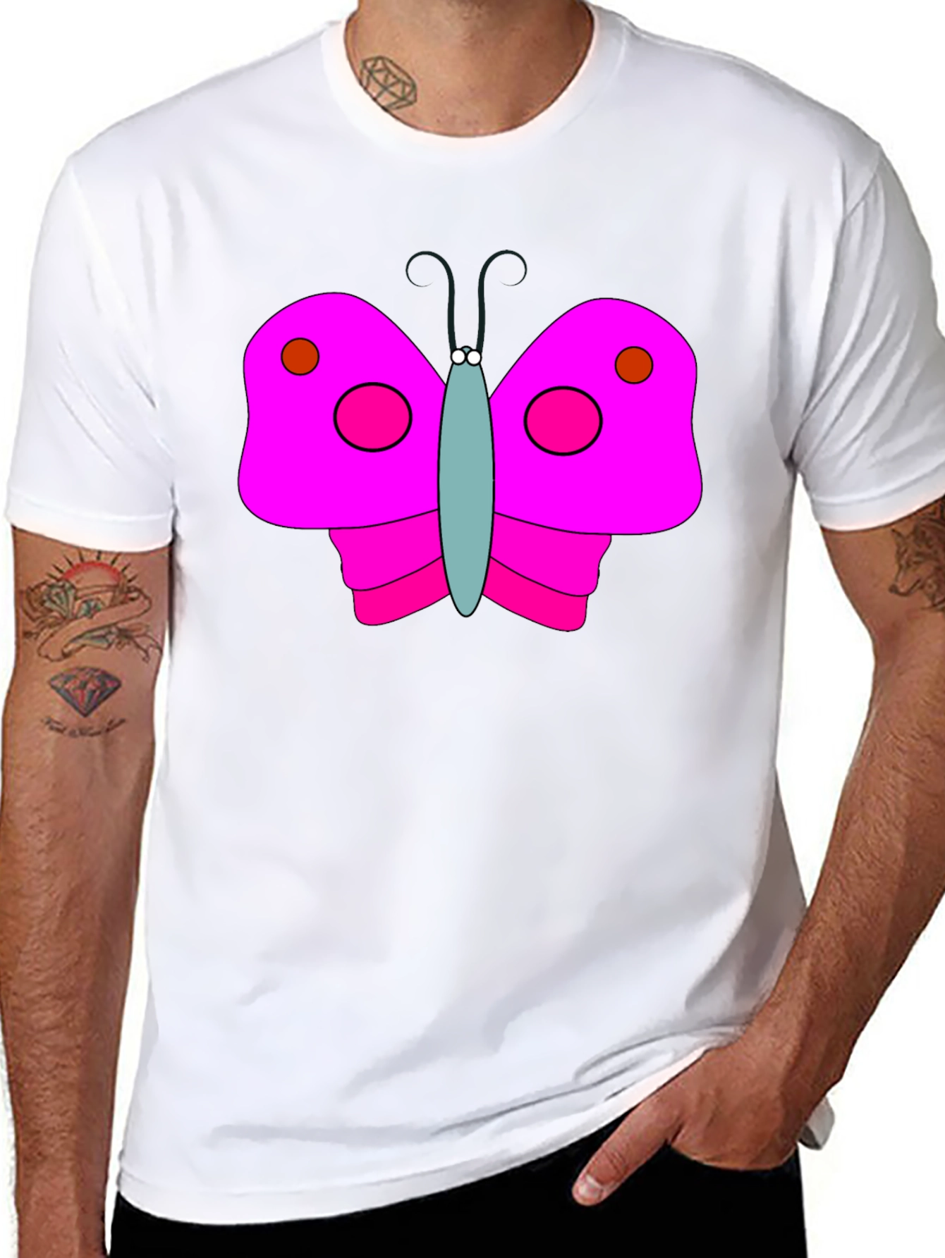 Pink Butterfly Graphic Black T-Shirt