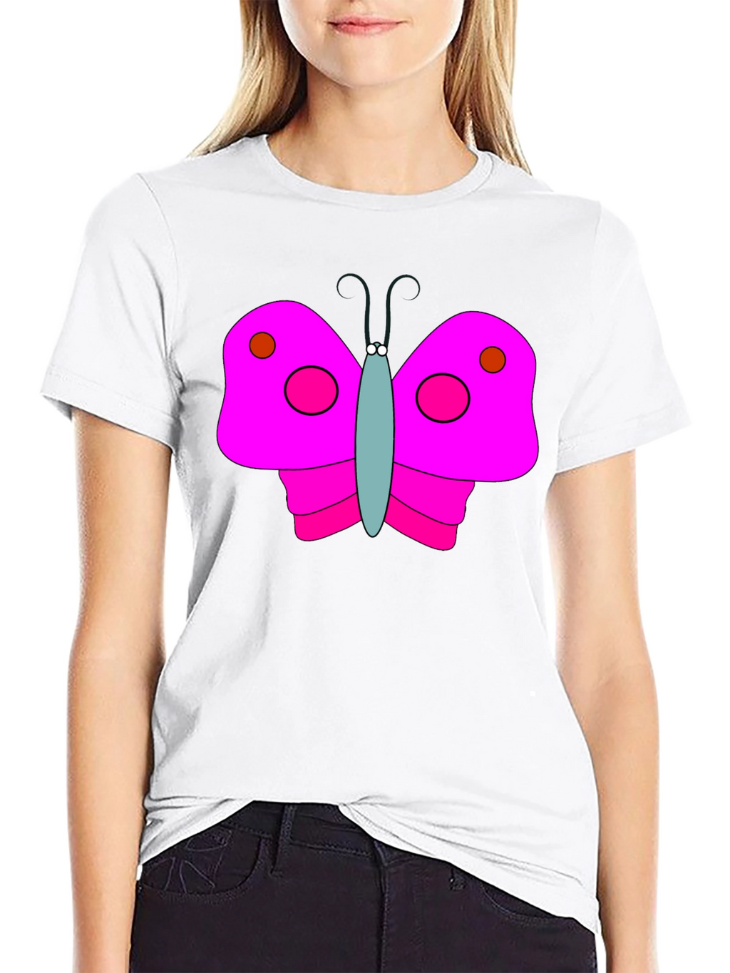 Pink Butterfly Graphic Black T-Shirt