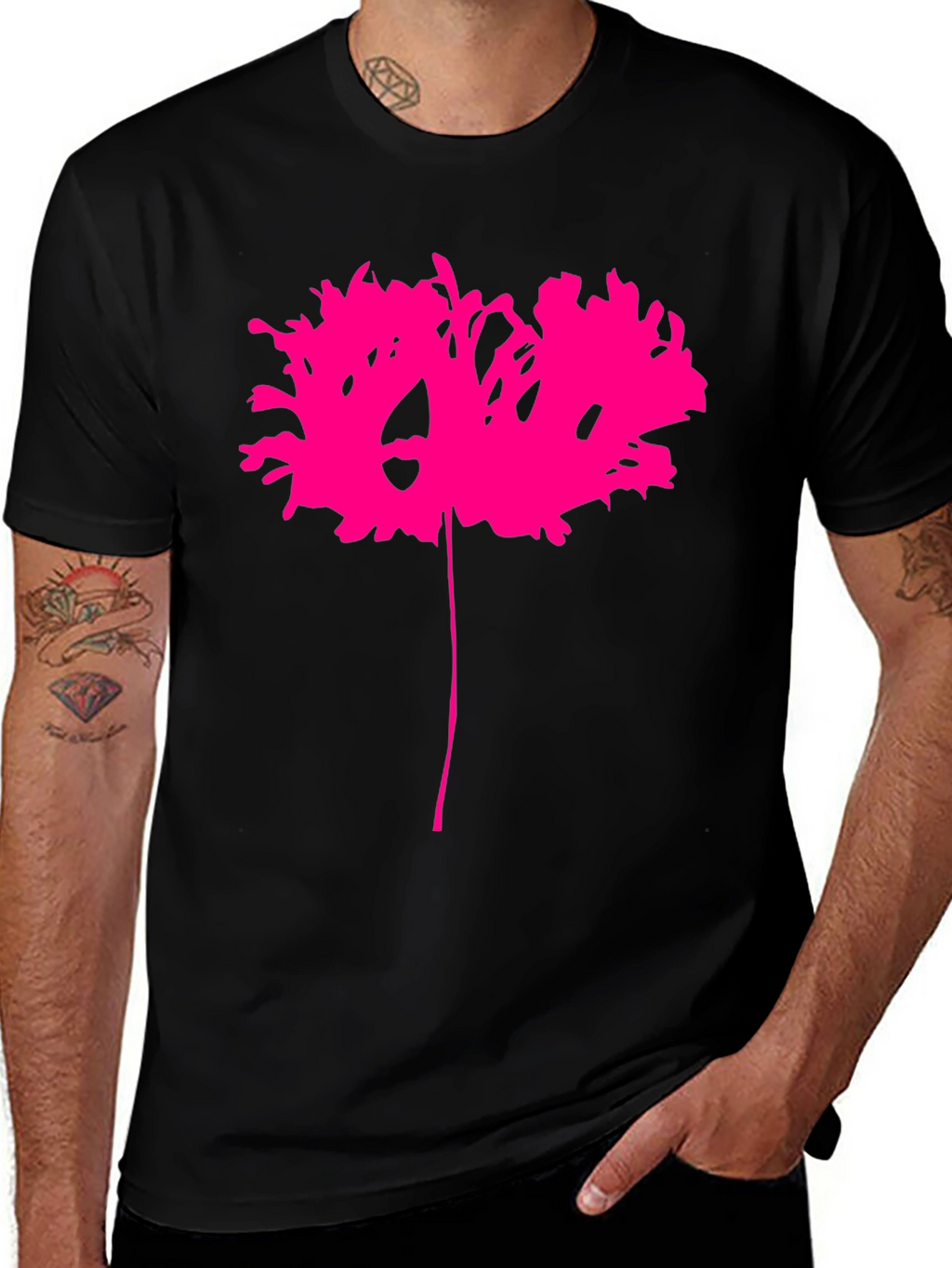 Black T-Shirt with Abstract Pink Flower Design