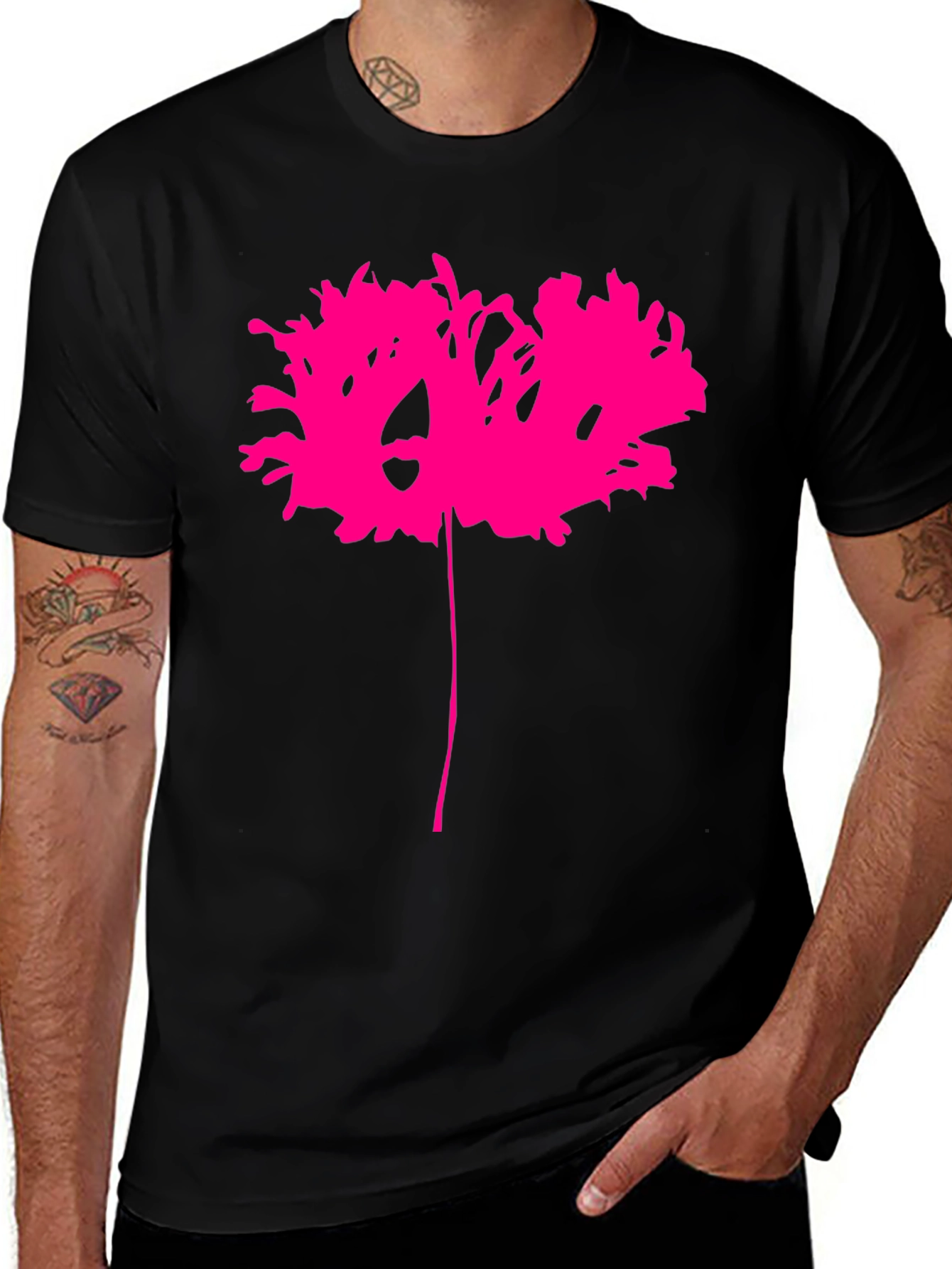 Black T-Shirt with Abstract Pink Flower Design