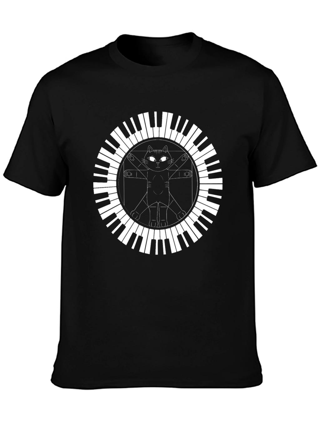 Cat Vitruvian Man Piano Keys Black T-Shirt
