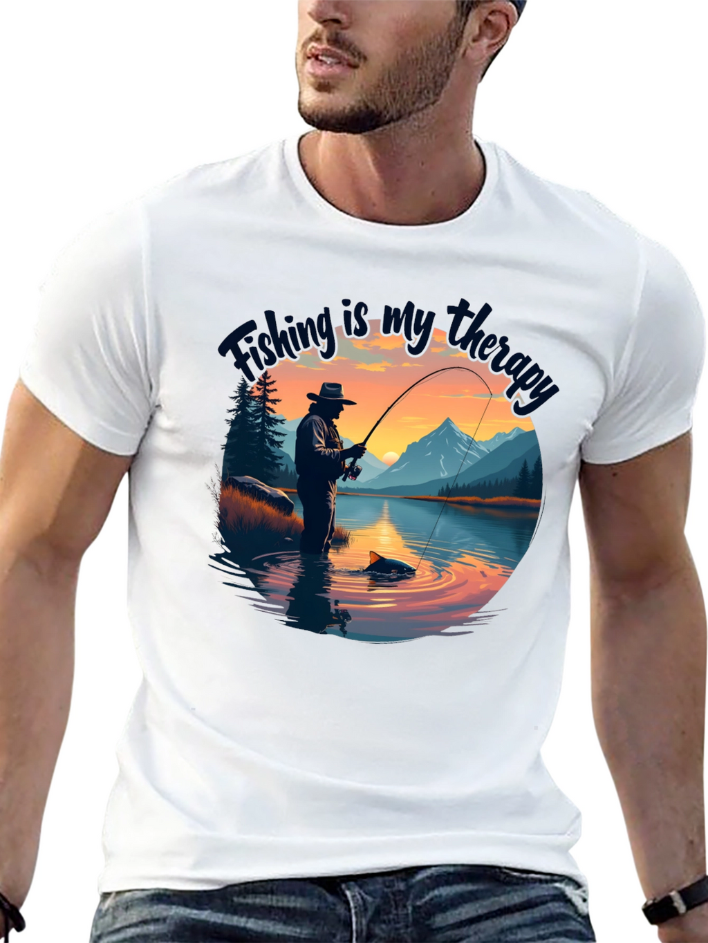 Fishing is my therapy - Black T-Shirt