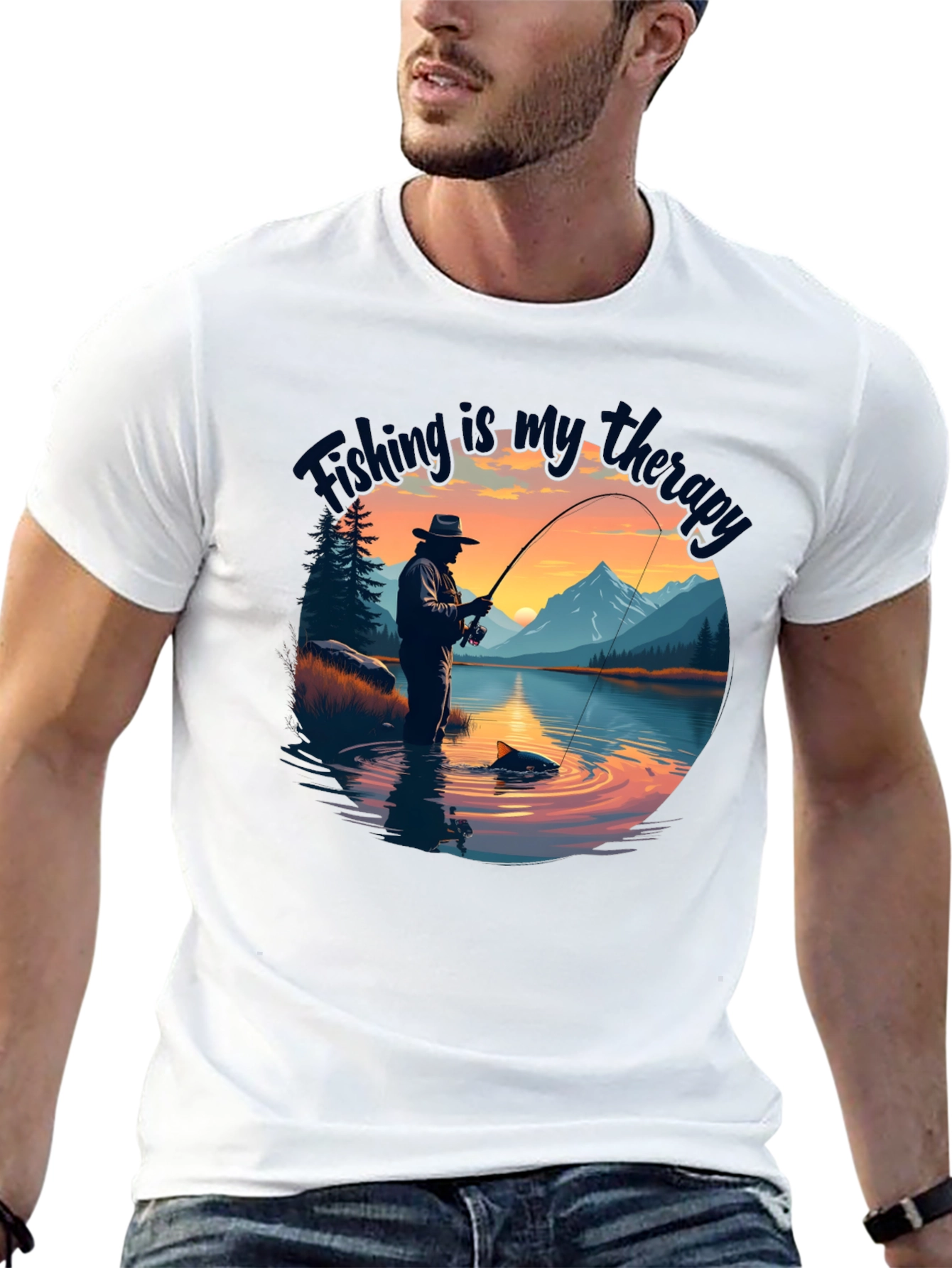 Fishing is my therapy - Black T-Shirt