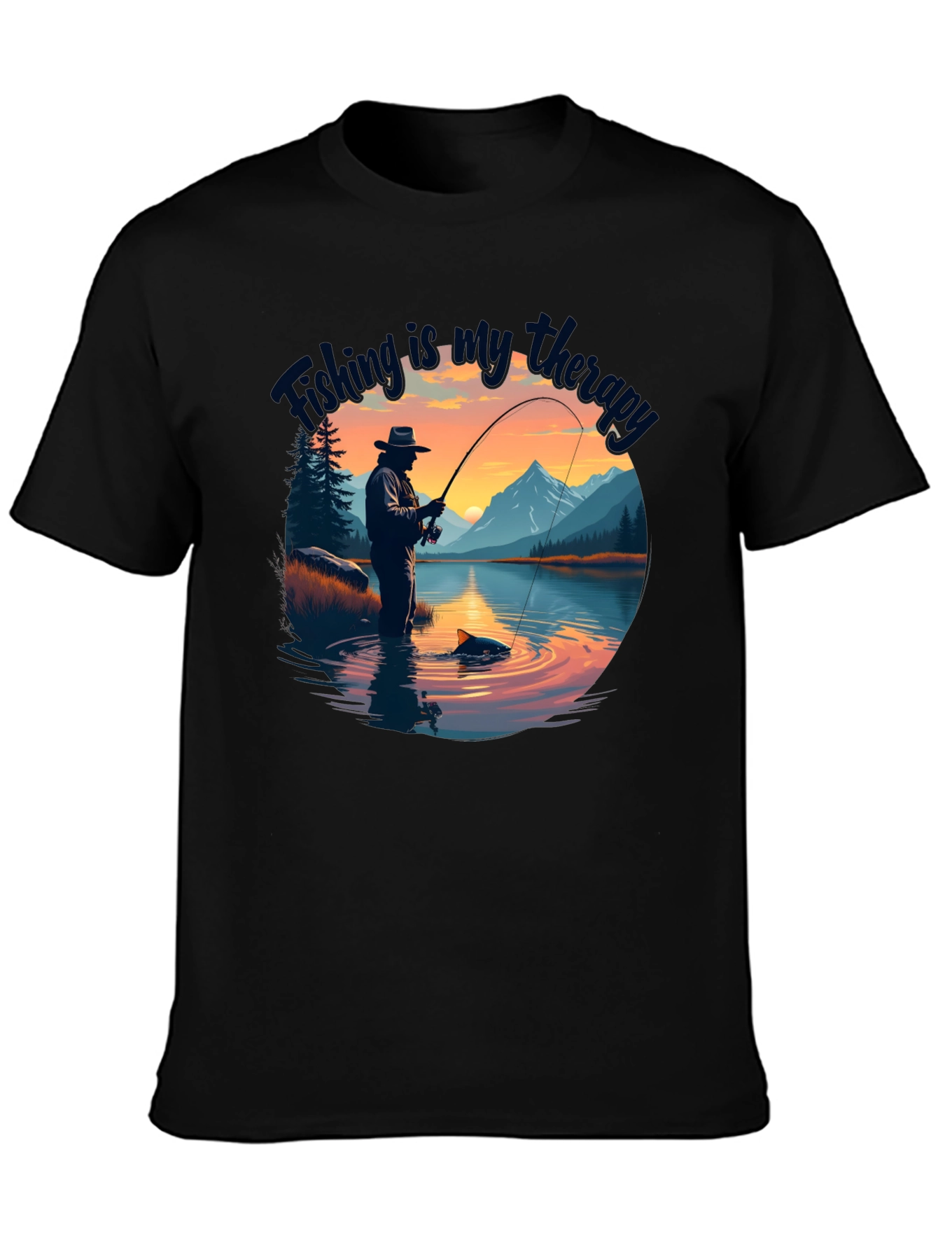 Fishing is my therapy - Black T-Shirt