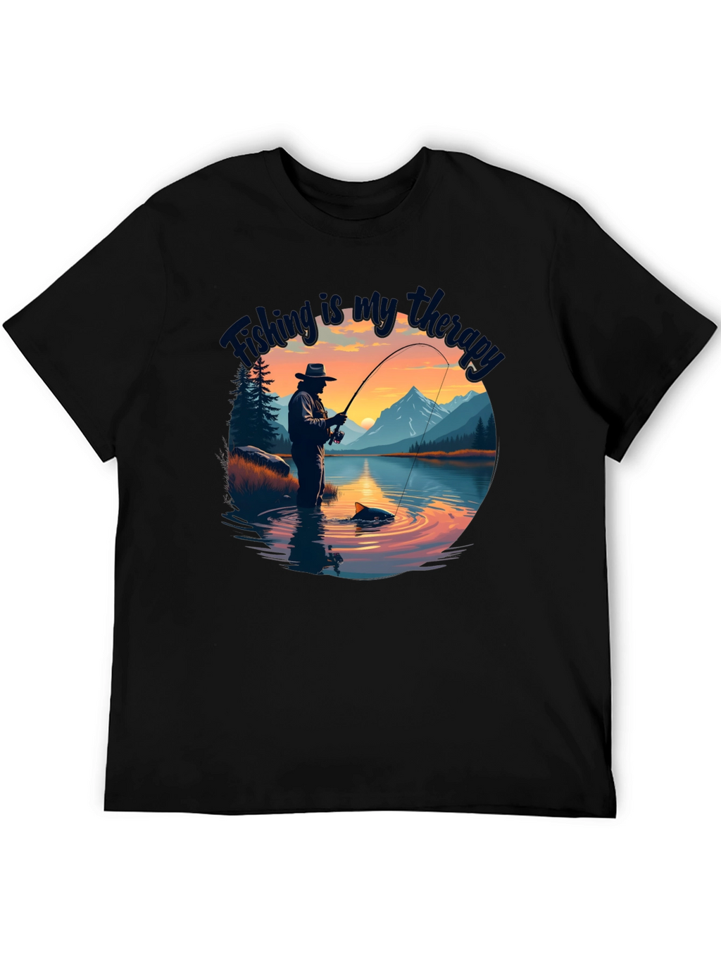 Fishing is my therapy - Black T-Shirt