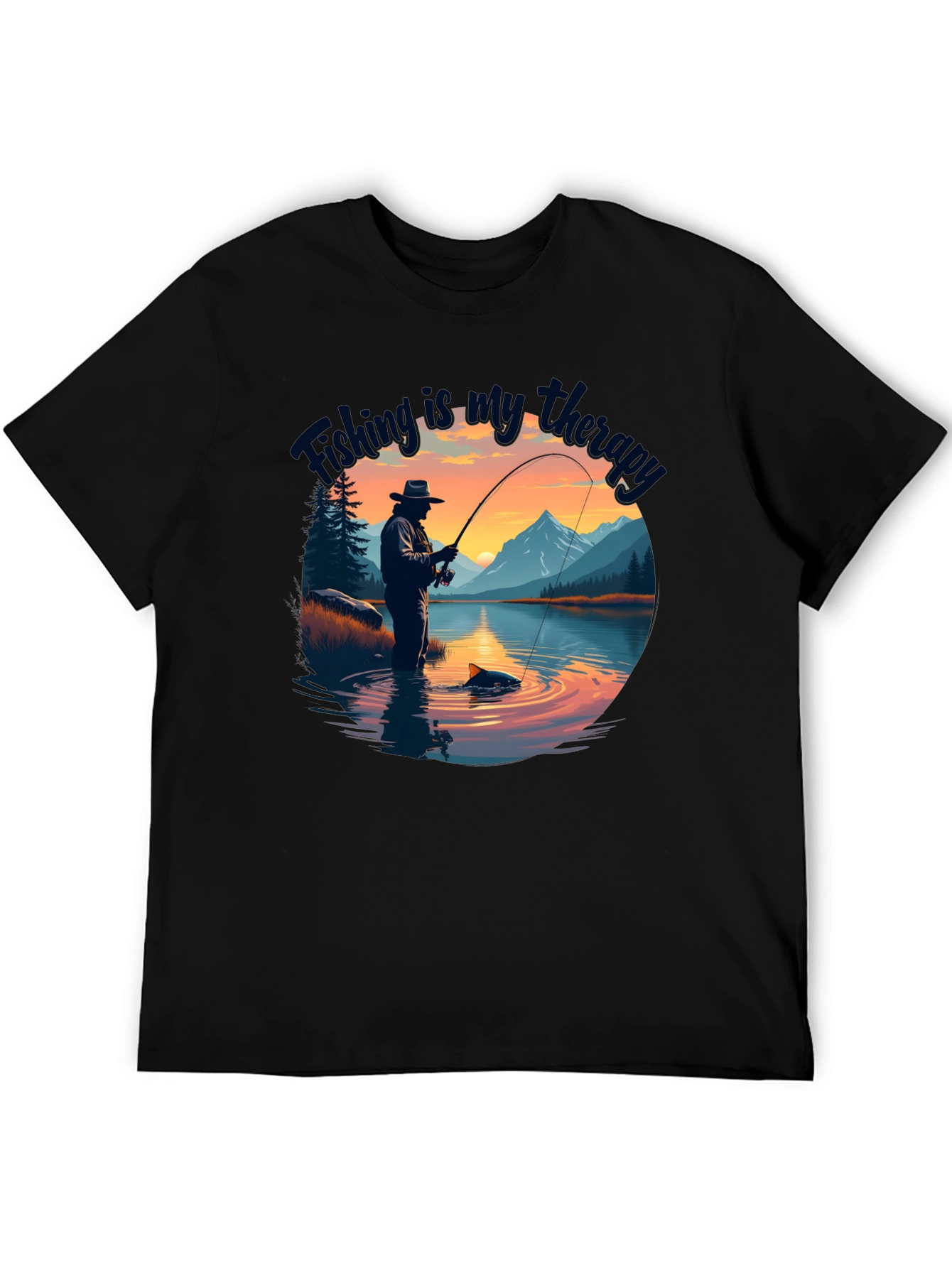 Fishing is my therapy - Black T-Shirt