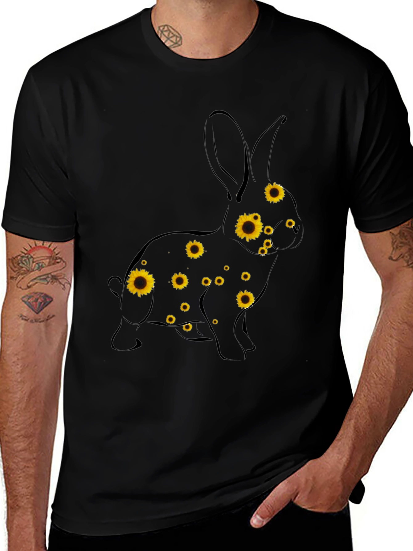 Sunflower Bunny Graphic Tee - Black Cotton T-Shirt