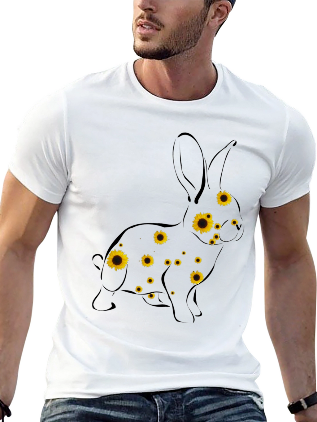 Sunflower Bunny Graphic Tee - Black Cotton T-Shirt