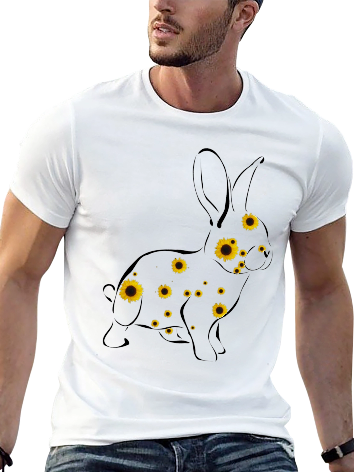 Sunflower Bunny Graphic Tee - Black Cotton T-Shirt