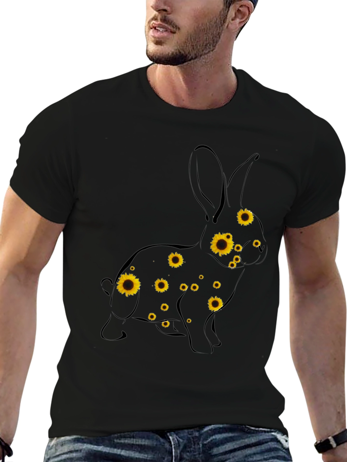 Sunflower Bunny Graphic Tee - Black Cotton T-Shirt