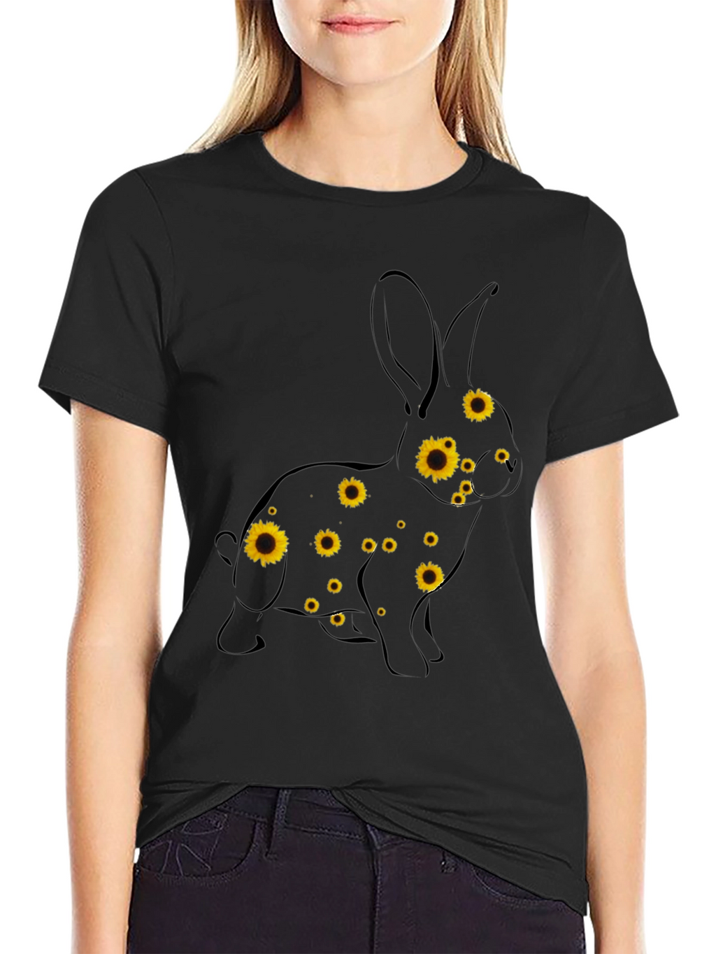Sunflower Bunny Graphic Tee - Black Cotton T-Shirt