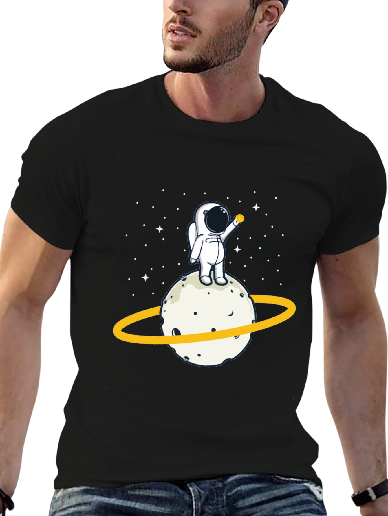 Astronaut on Planet Graphic Tee - Black Cotton T-Shirt