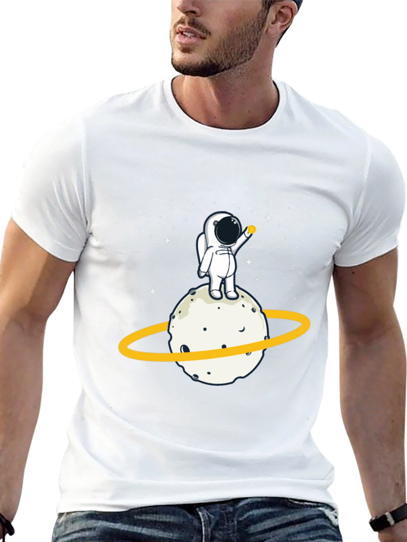 Astronaut on Planet Graphic Tee - Black Cotton T-Shirt