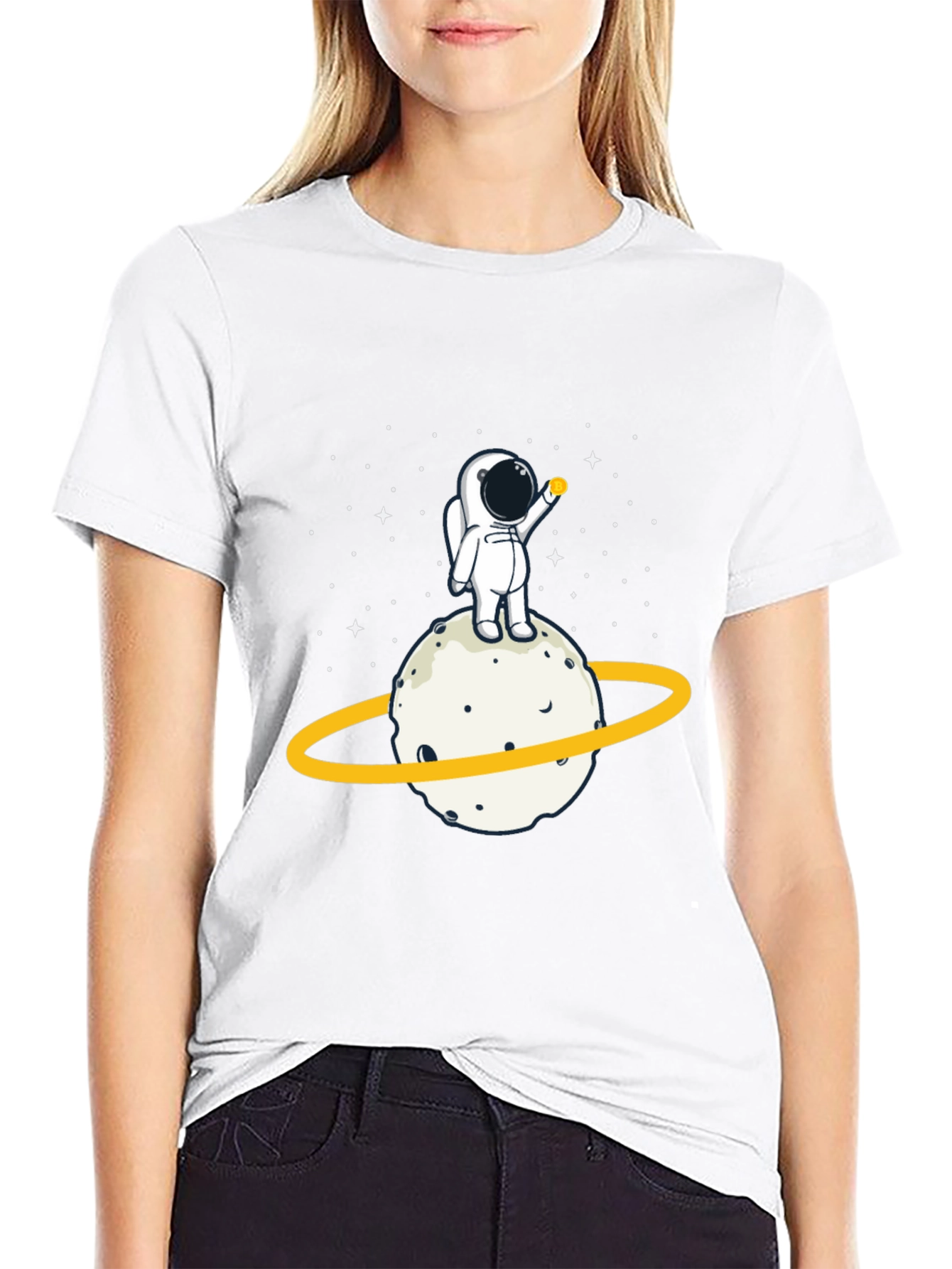 Astronaut on Planet Graphic Tee - Black Cotton T-Shirt