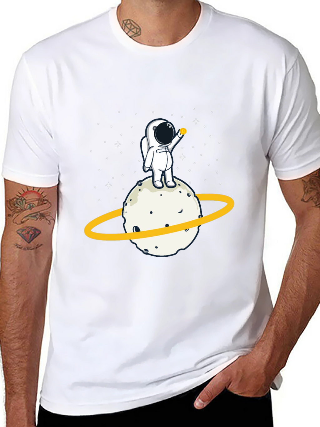 Astronaut on Planet Graphic Tee - Black Cotton T-Shirt