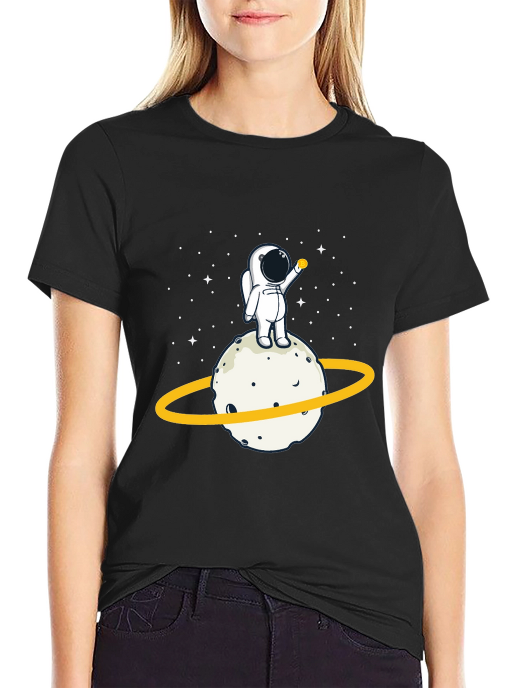 Astronaut on Planet Graphic Tee - Black Cotton T-Shirt