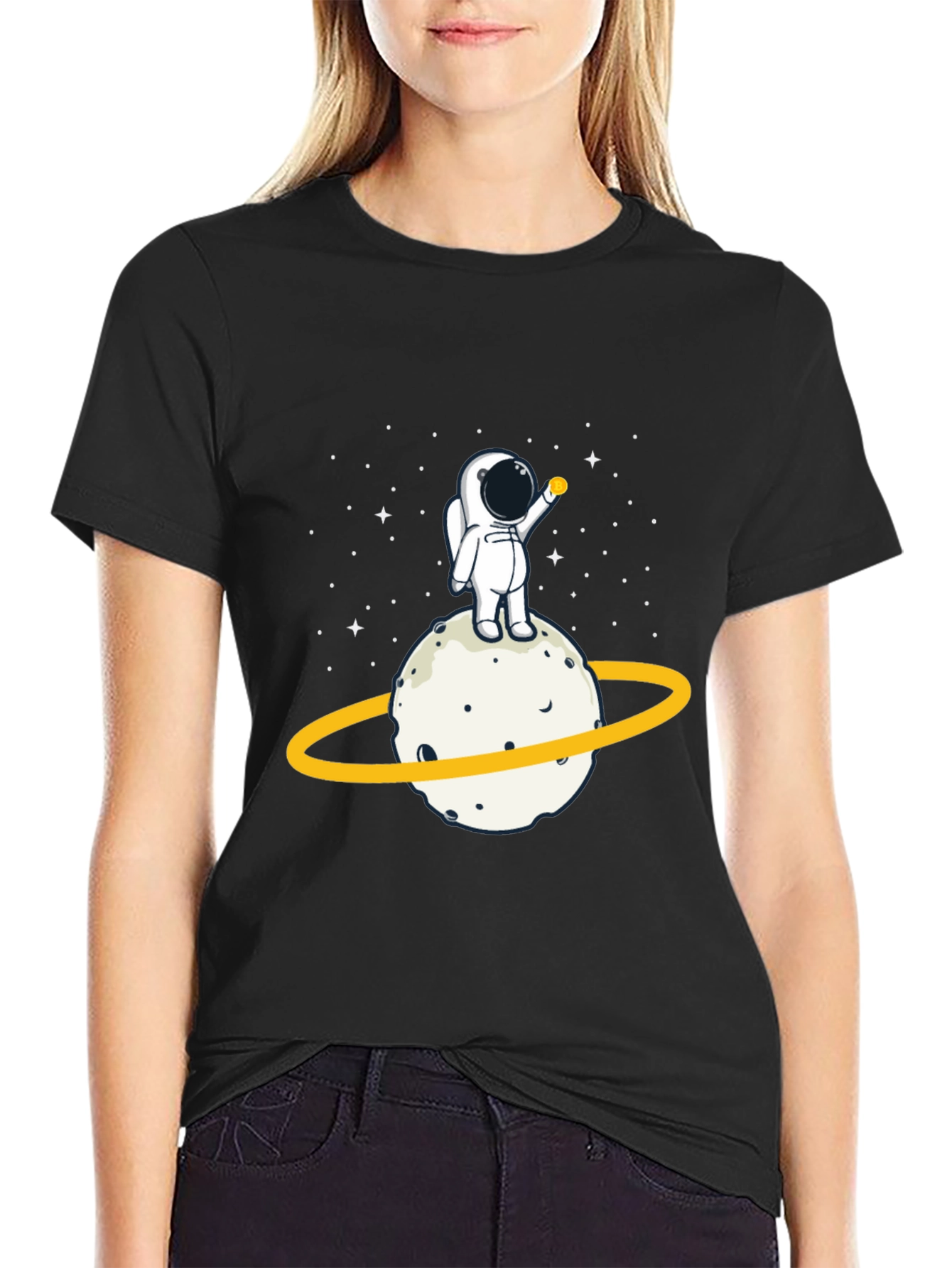 Astronaut on Planet Graphic Tee - Black Cotton T-Shirt