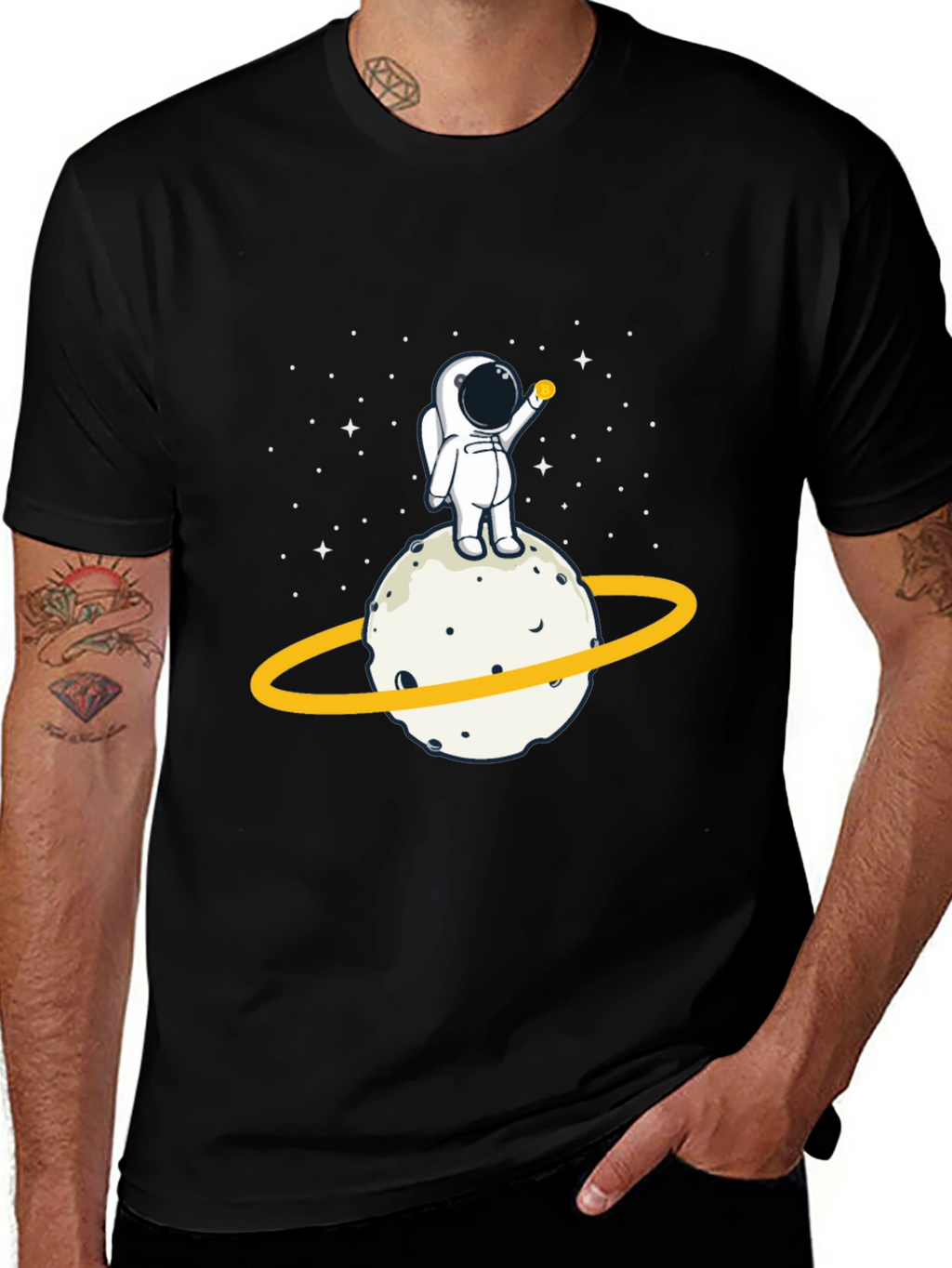 Astronaut on Planet Graphic Tee - Black Cotton T-Shirt
