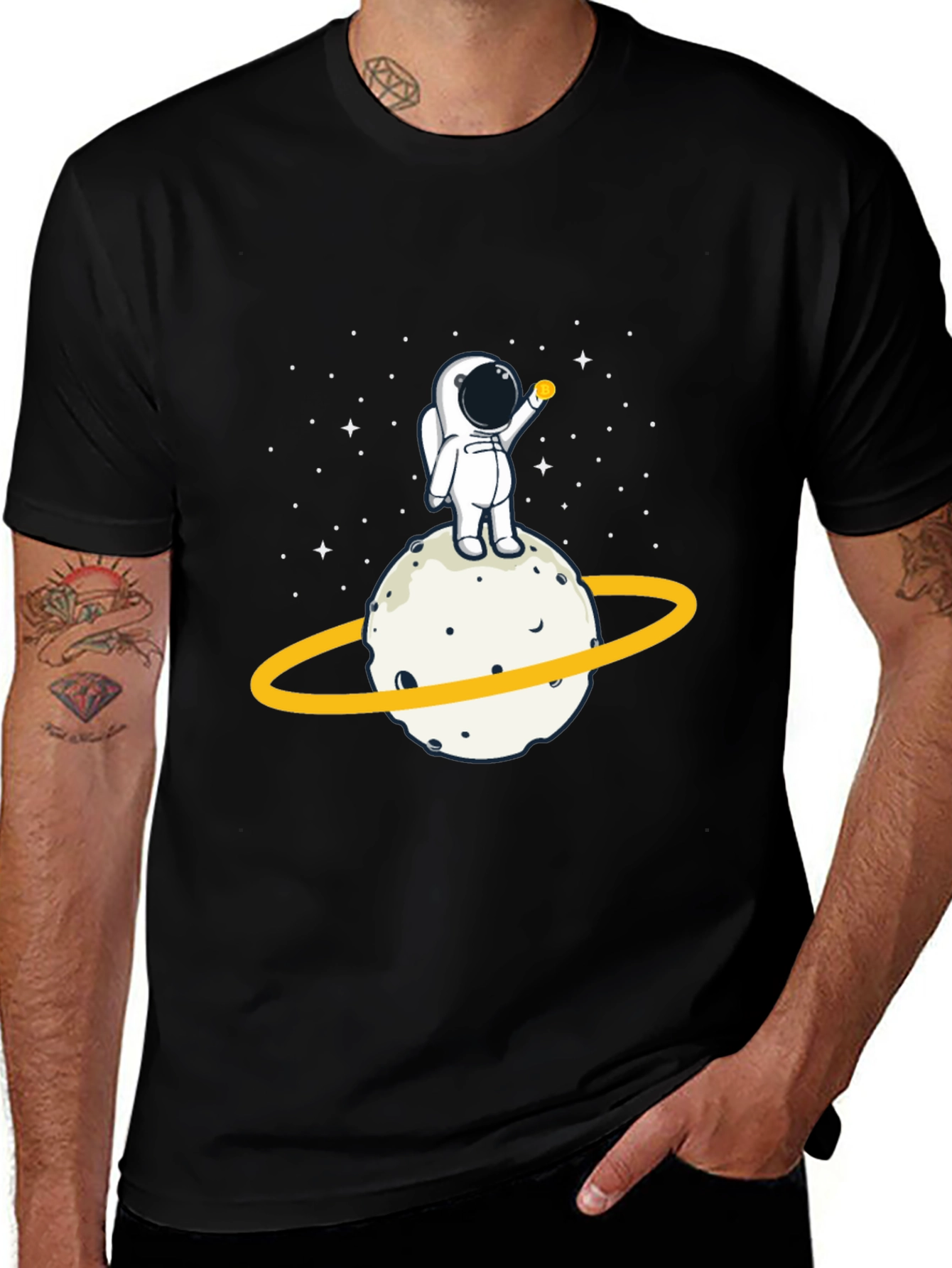 Astronaut on Planet Graphic Tee - Black Cotton T-Shirt