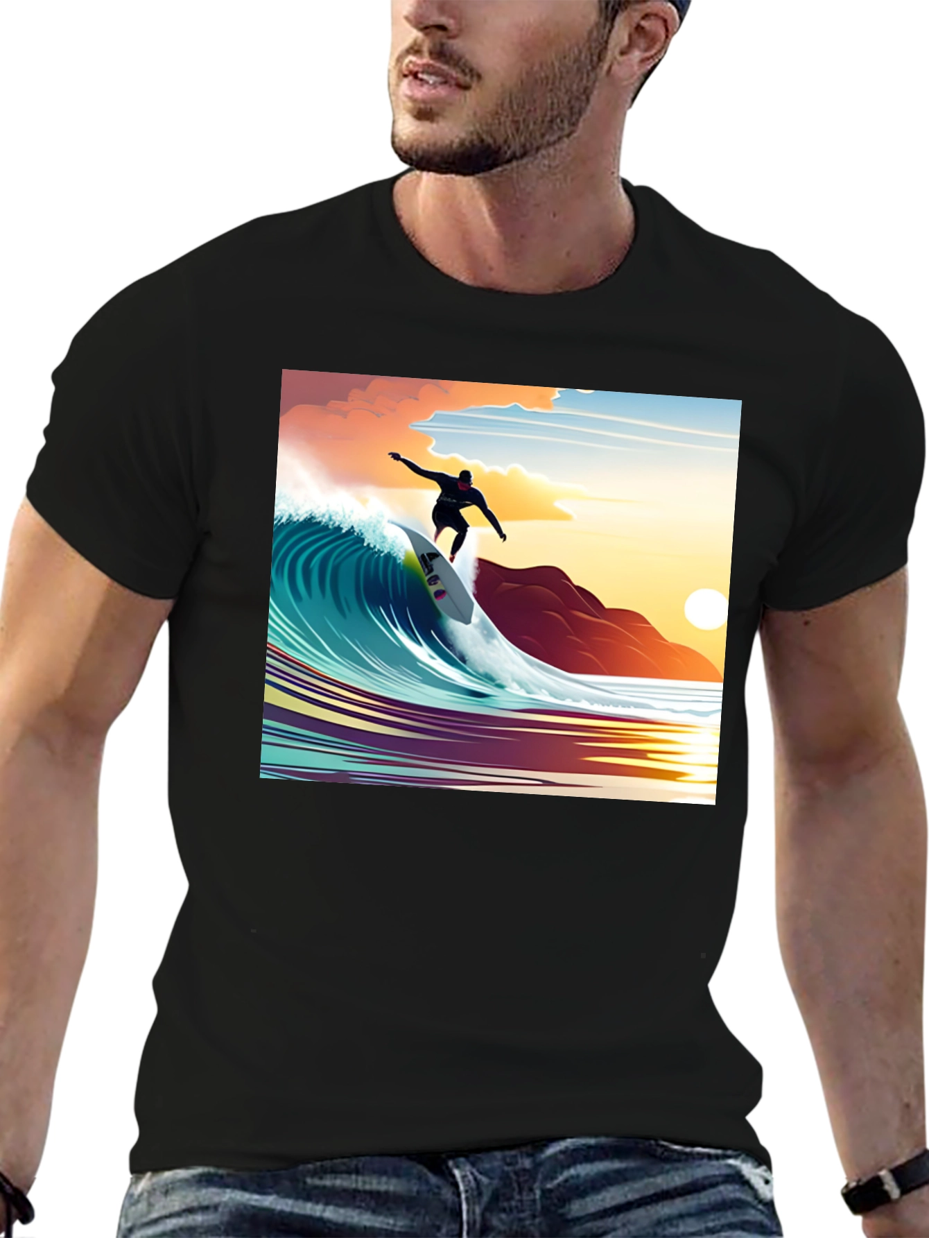 Surfer Wave Graphic Tee - Black