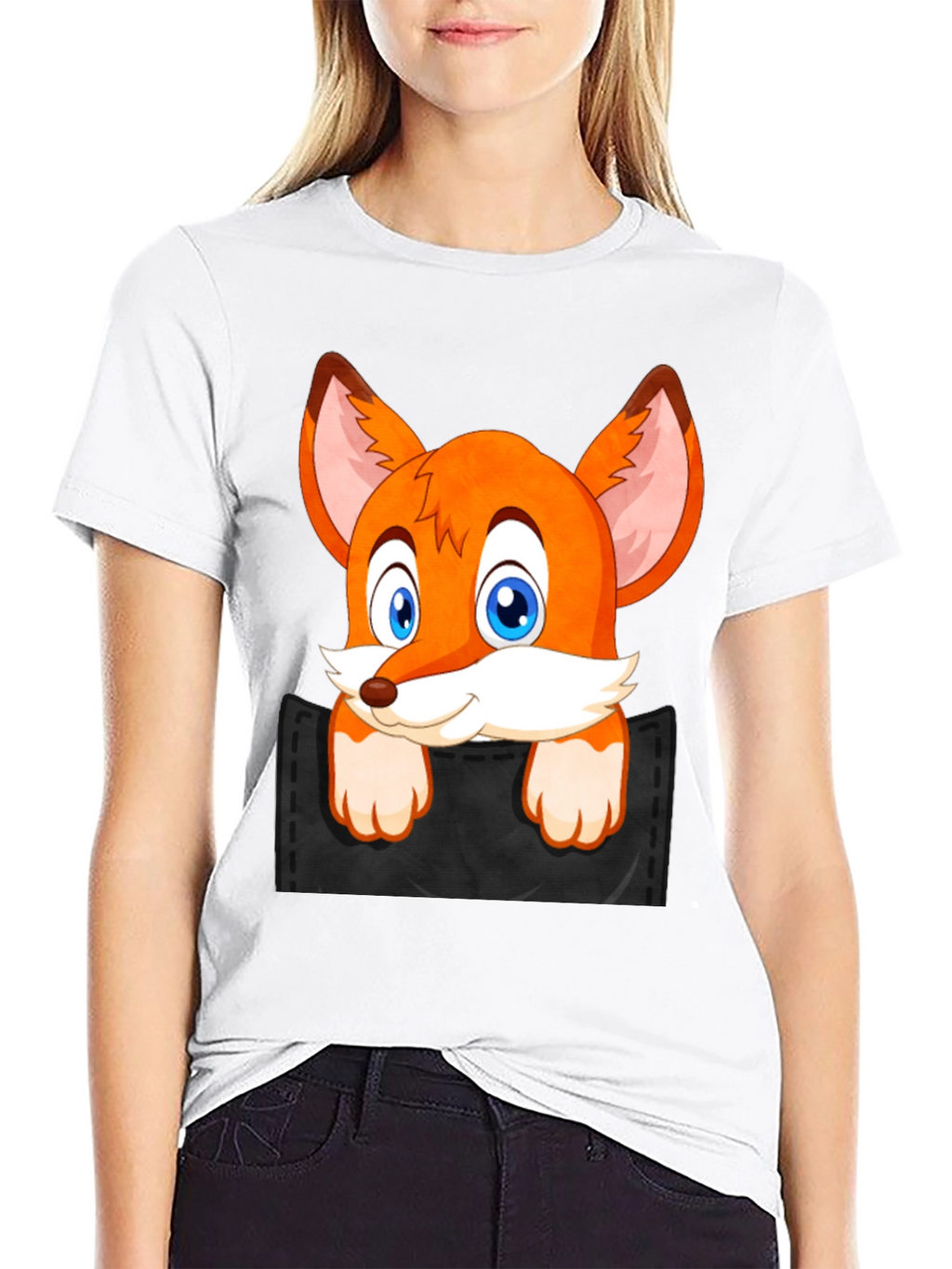 Fox in Pocket Black T-Shirt Cartoon Animal Tee