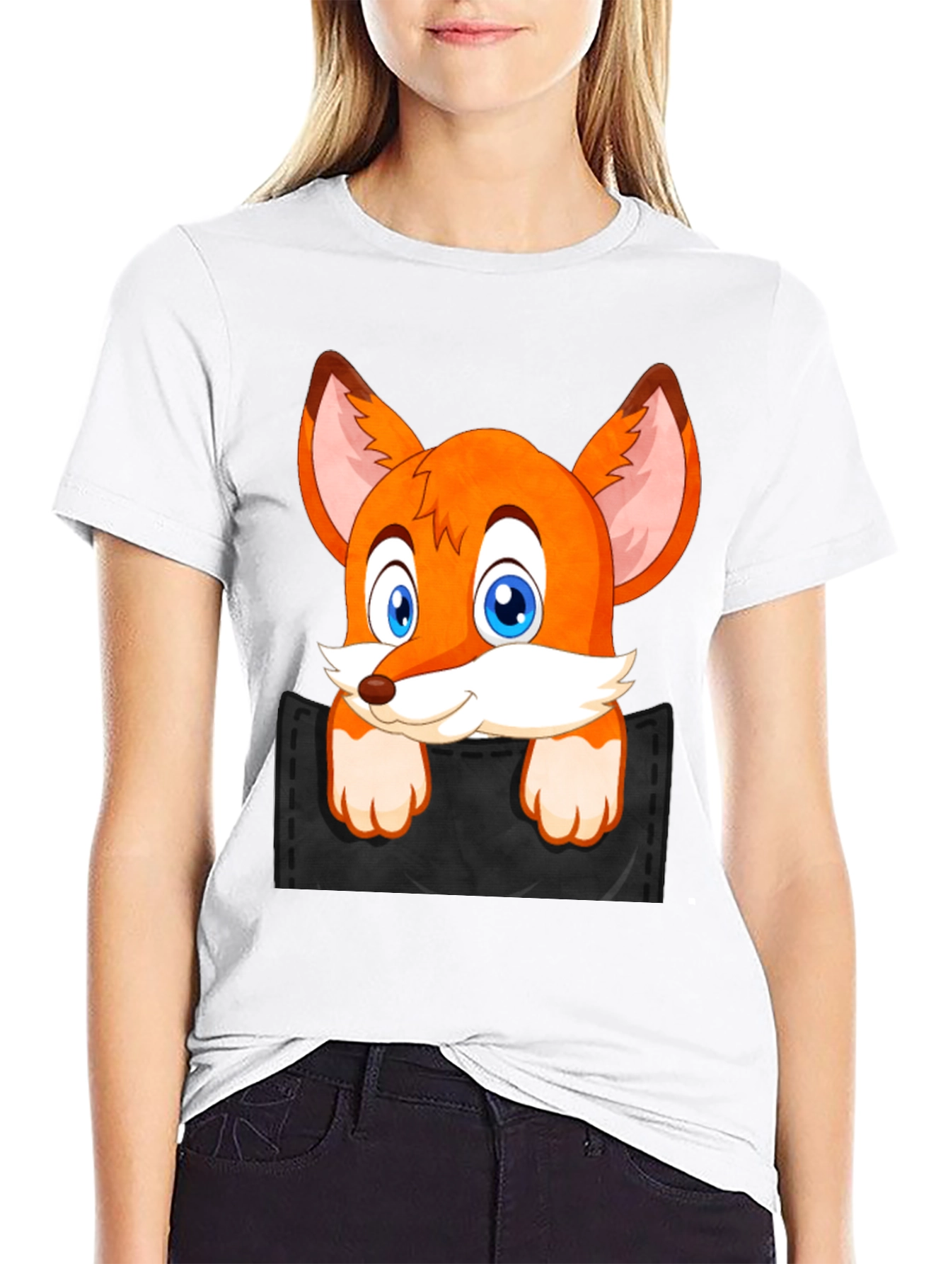 Fox in Pocket Black T-Shirt Cartoon Animal Tee