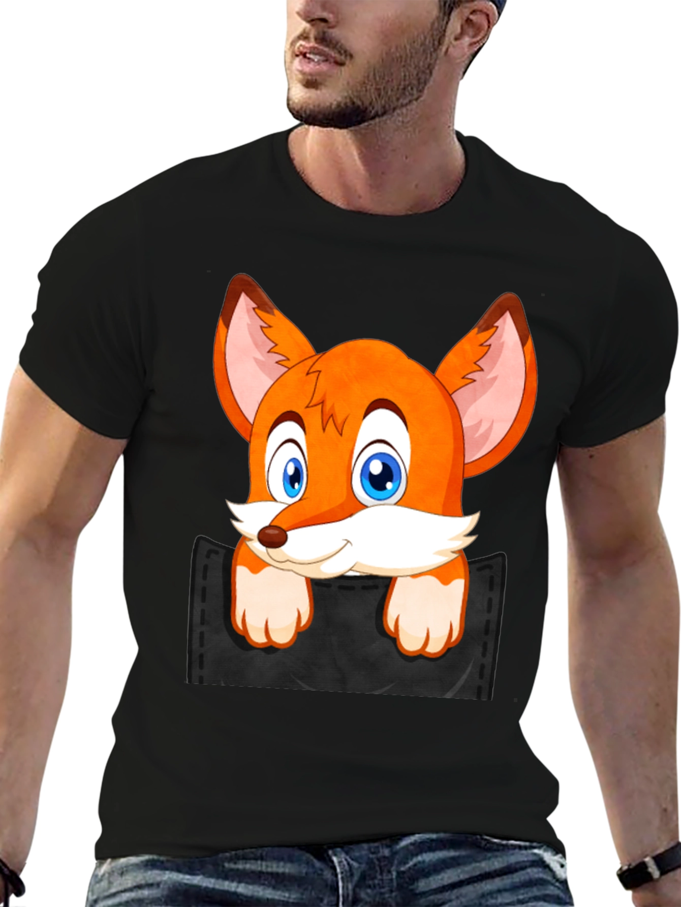 Fox in Pocket Black T-Shirt Cartoon Animal Tee