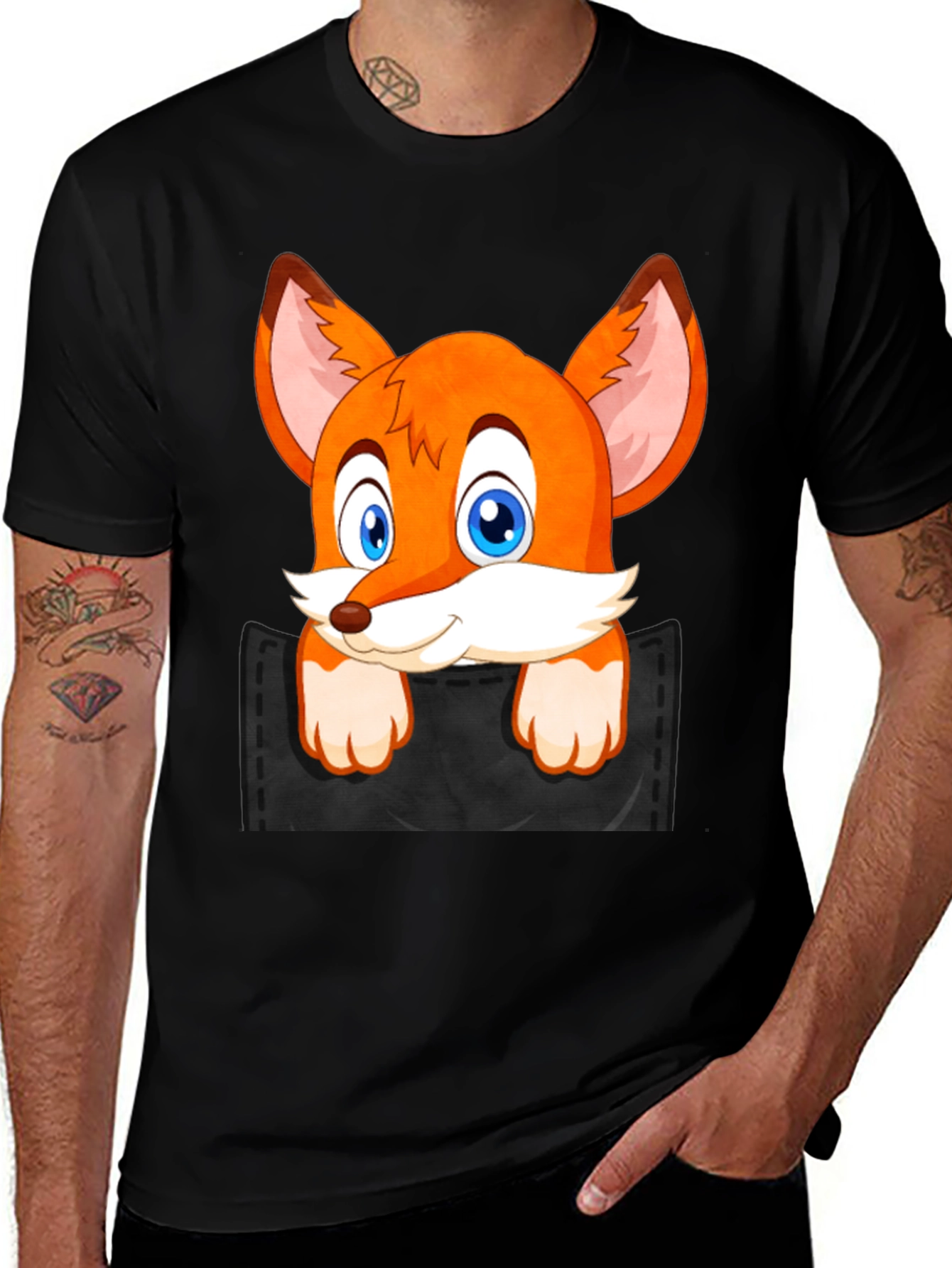 Fox in Pocket Black T-Shirt Cartoon Animal Tee