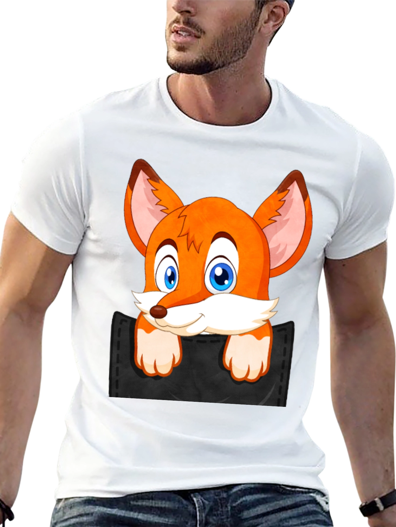 Fox in Pocket Black T-Shirt Cartoon Animal Tee