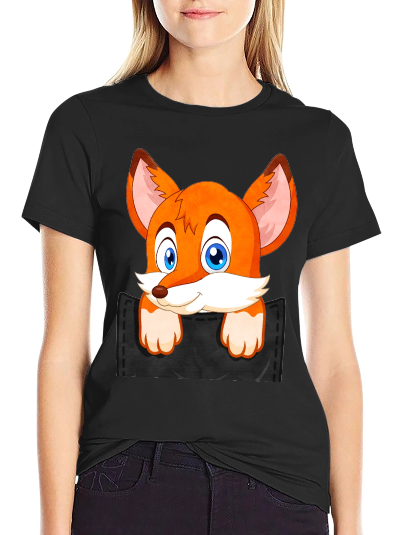 Fox in Pocket Black T-Shirt Cartoon Animal Tee