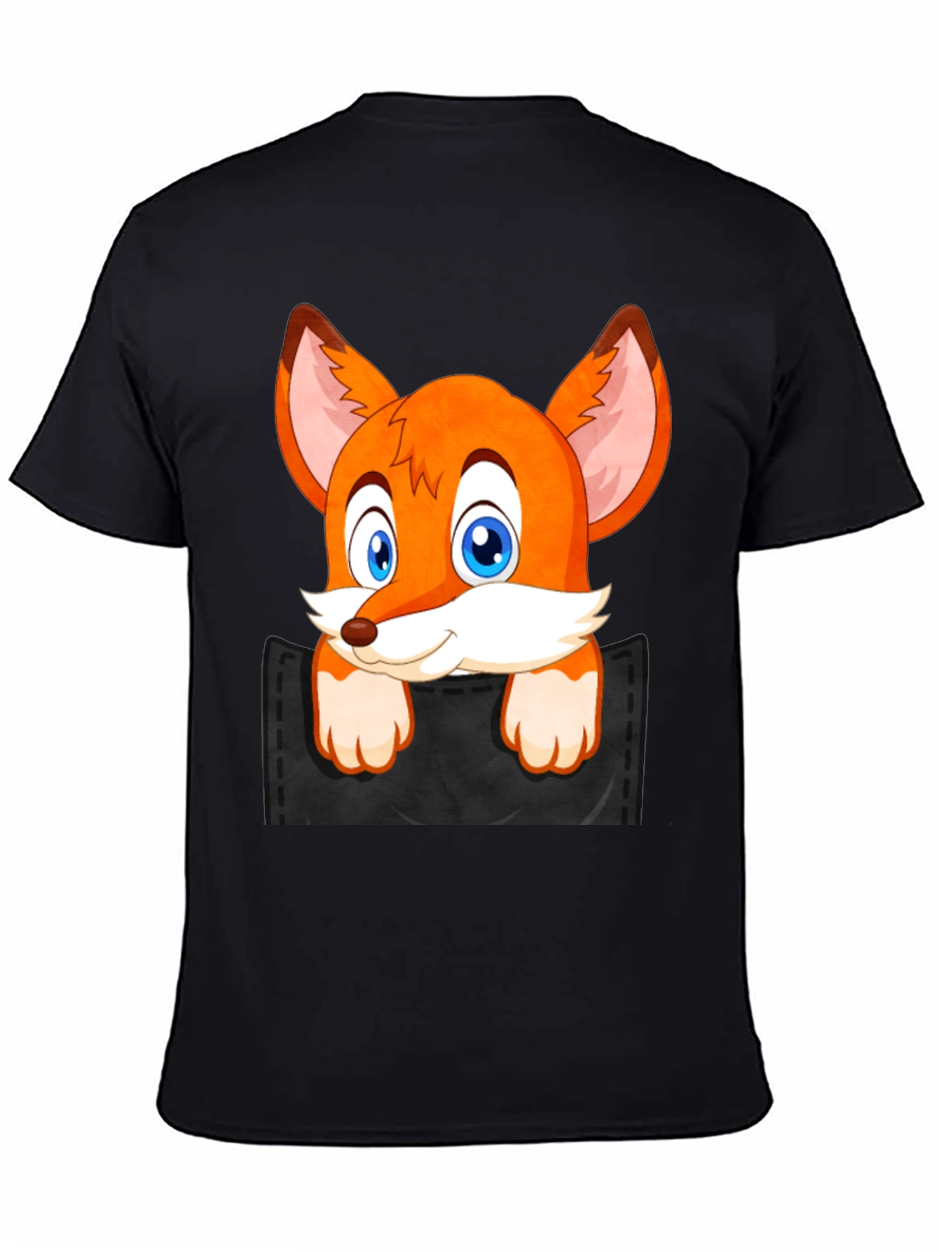 Fox in Pocket Black T-Shirt Cartoon Animal Tee